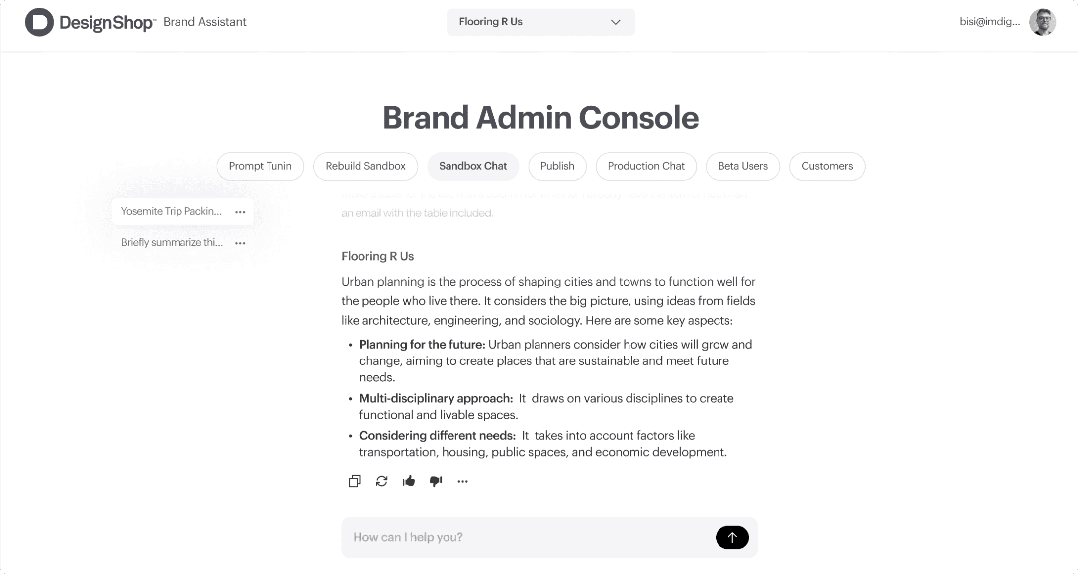 DesignShop Brand Assistant admin console showing a sandbox chat tab with an AI-generated response for the Flooring R Us brand