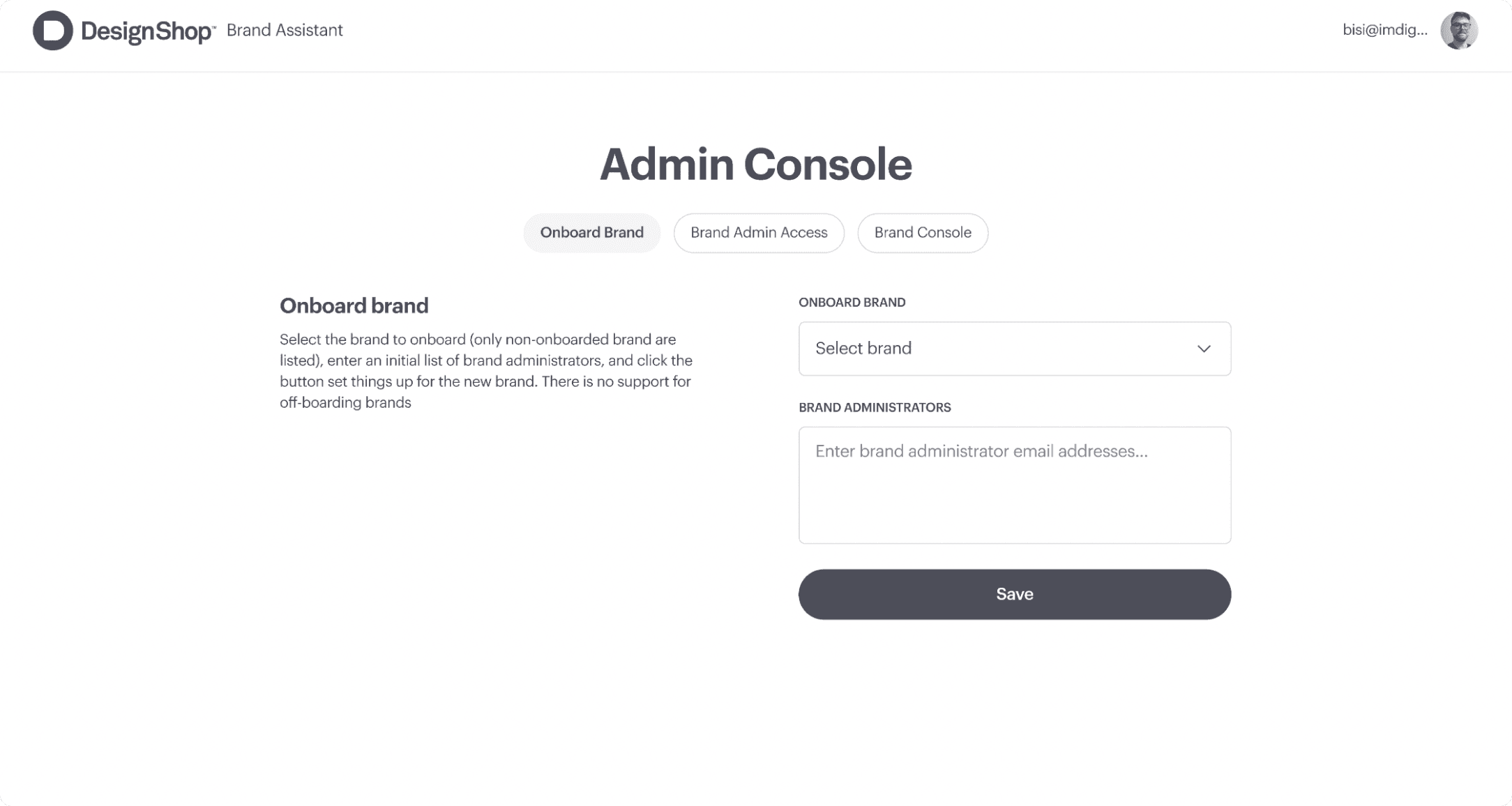 DesignShop Brand Assistant admin console with the Onboard Brand screen and administrator email settings