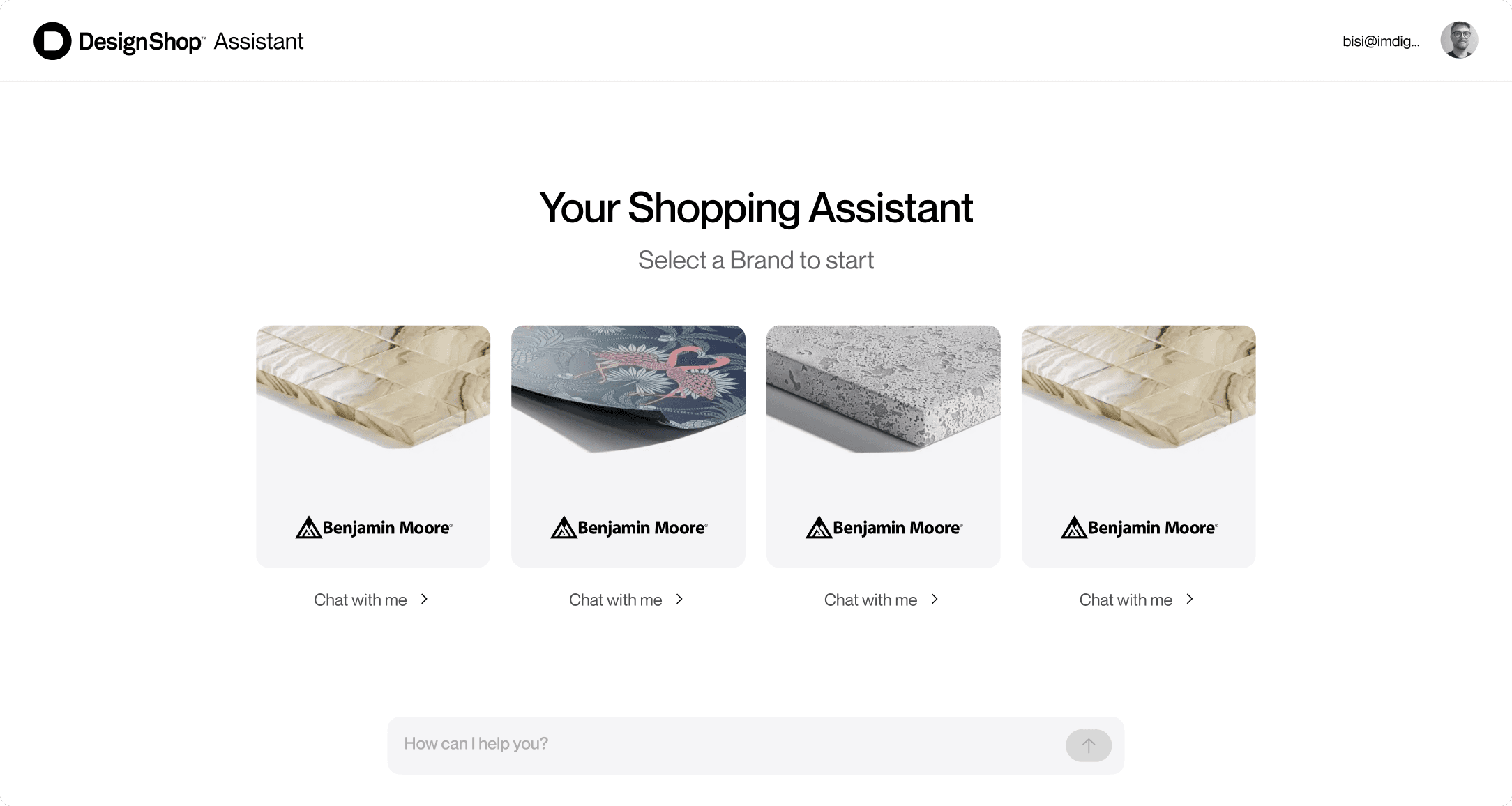 DesignShop Shopping Assistant interface showing Benjamin Moore brand agent cards for multiple products with Chat with me CTAs
