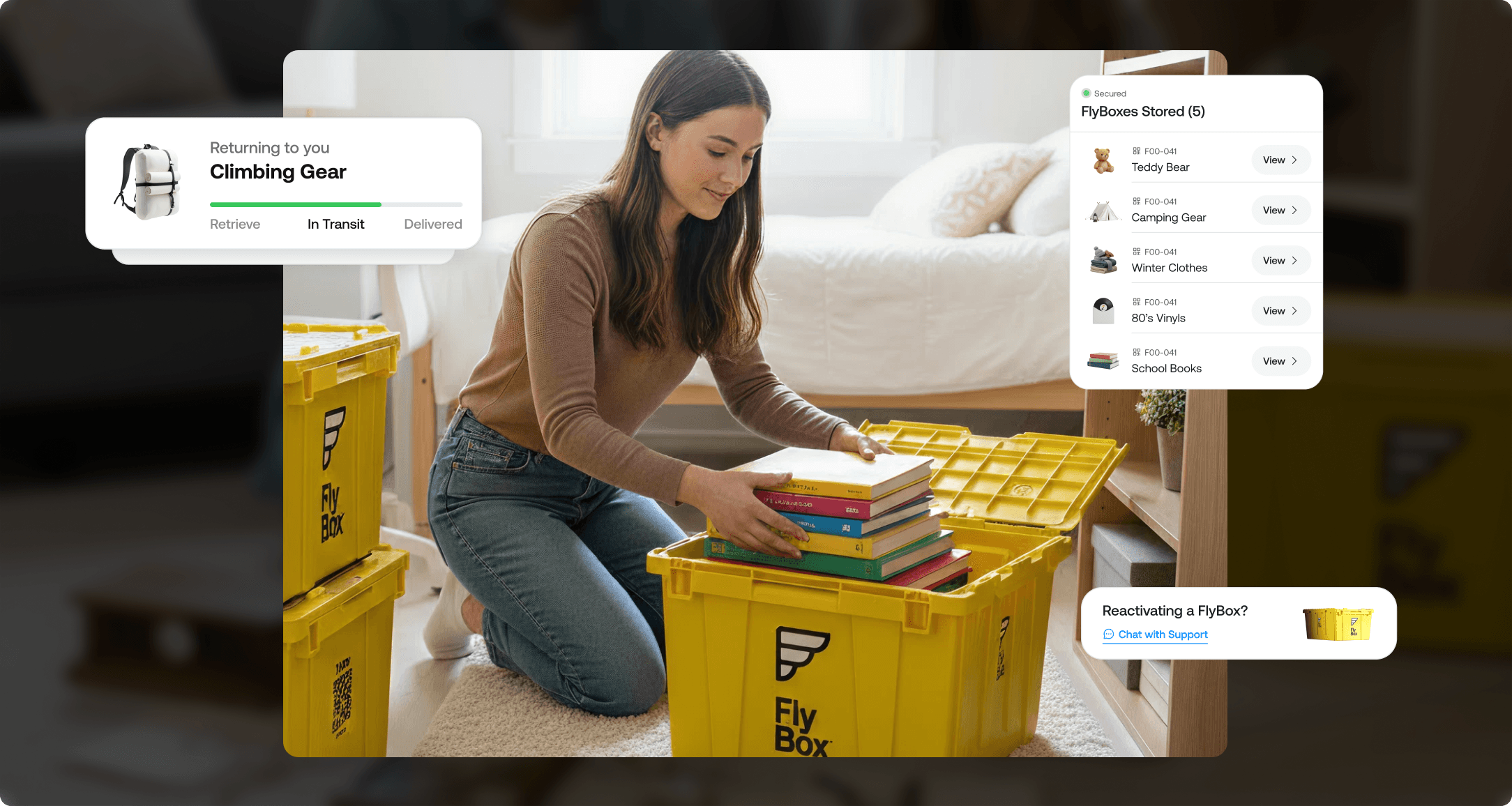 FlyBox app showing a woman packing books into yellow storage bins, with item tracking and box management UI overlays
