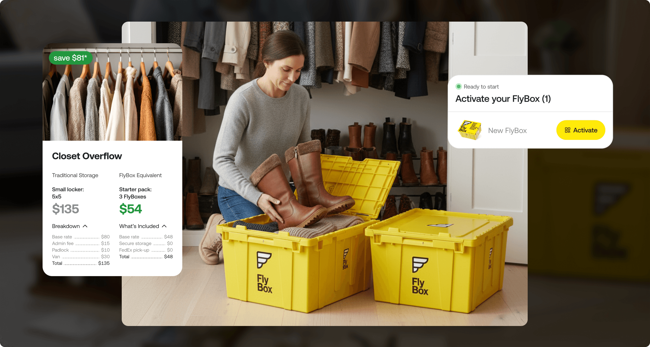 FlyBox cost comparison showing $54 starter pack vs $135 traditional storage, with a woman packing boots into yellow bins