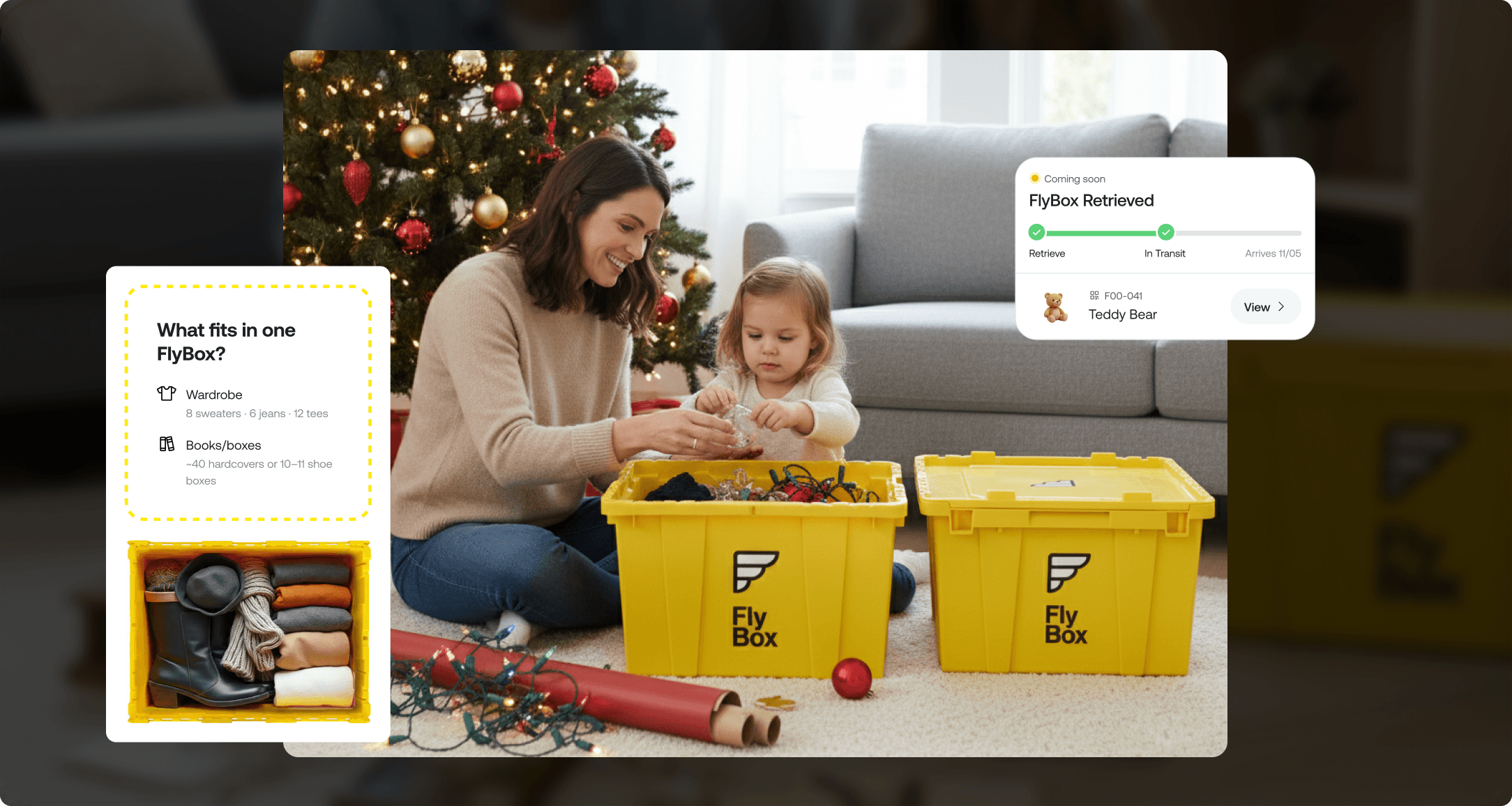 Mother and child sorting holiday decorations into yellow FlyBox bins, with app UI showing retrieved Teddy Bear item