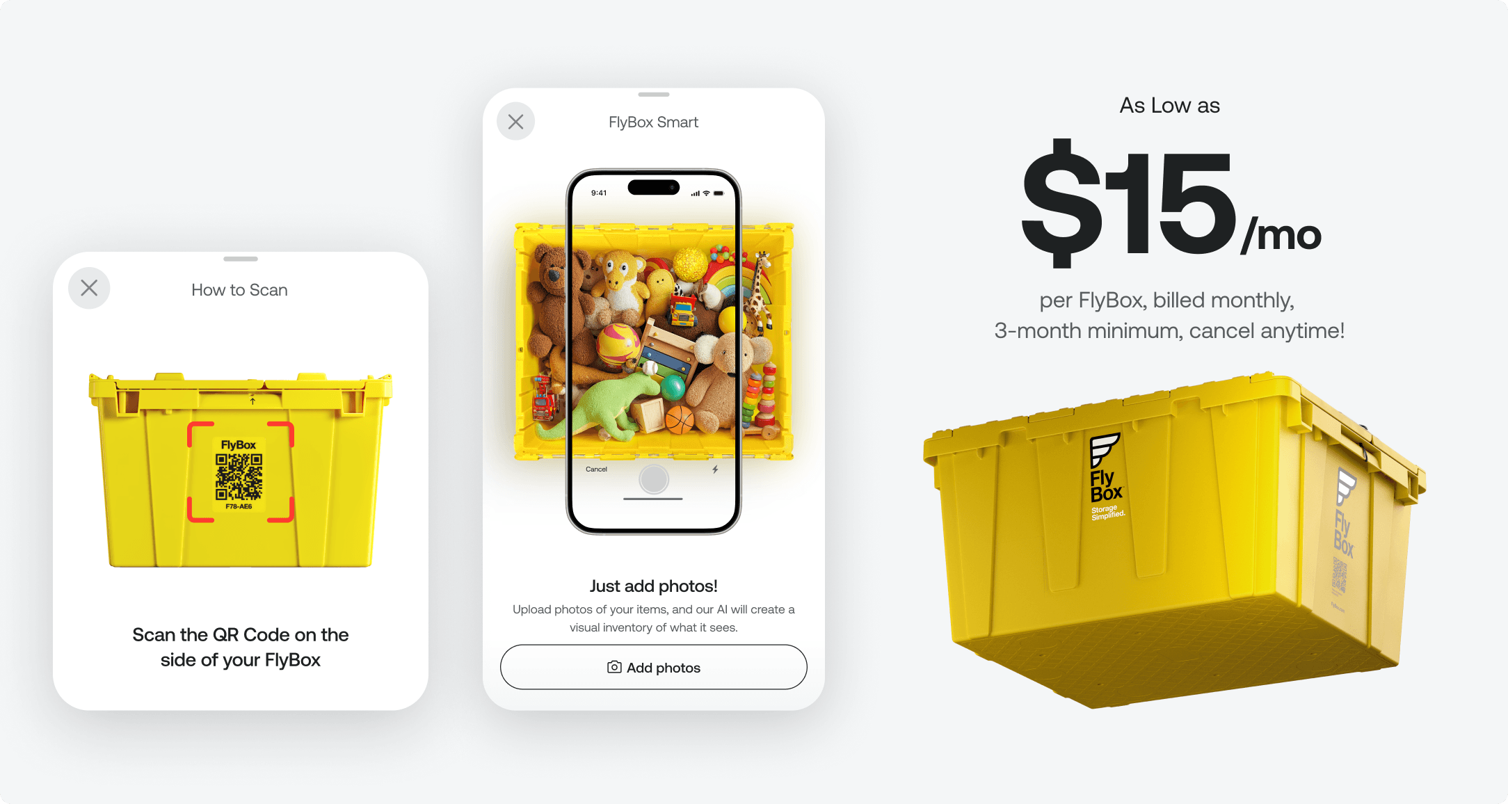 FlyBox Smart app showing QR scan instructions and AI photo inventory, alongside a physical yellow bin at $15 per month
