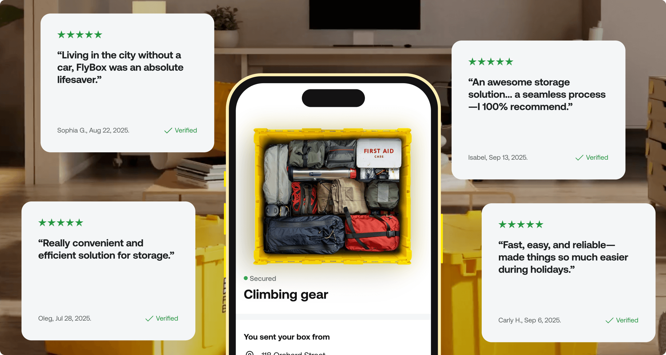FlyBox app Climbing Gear detail screen surrounded by five-star customer review cards praising convenience and reliability