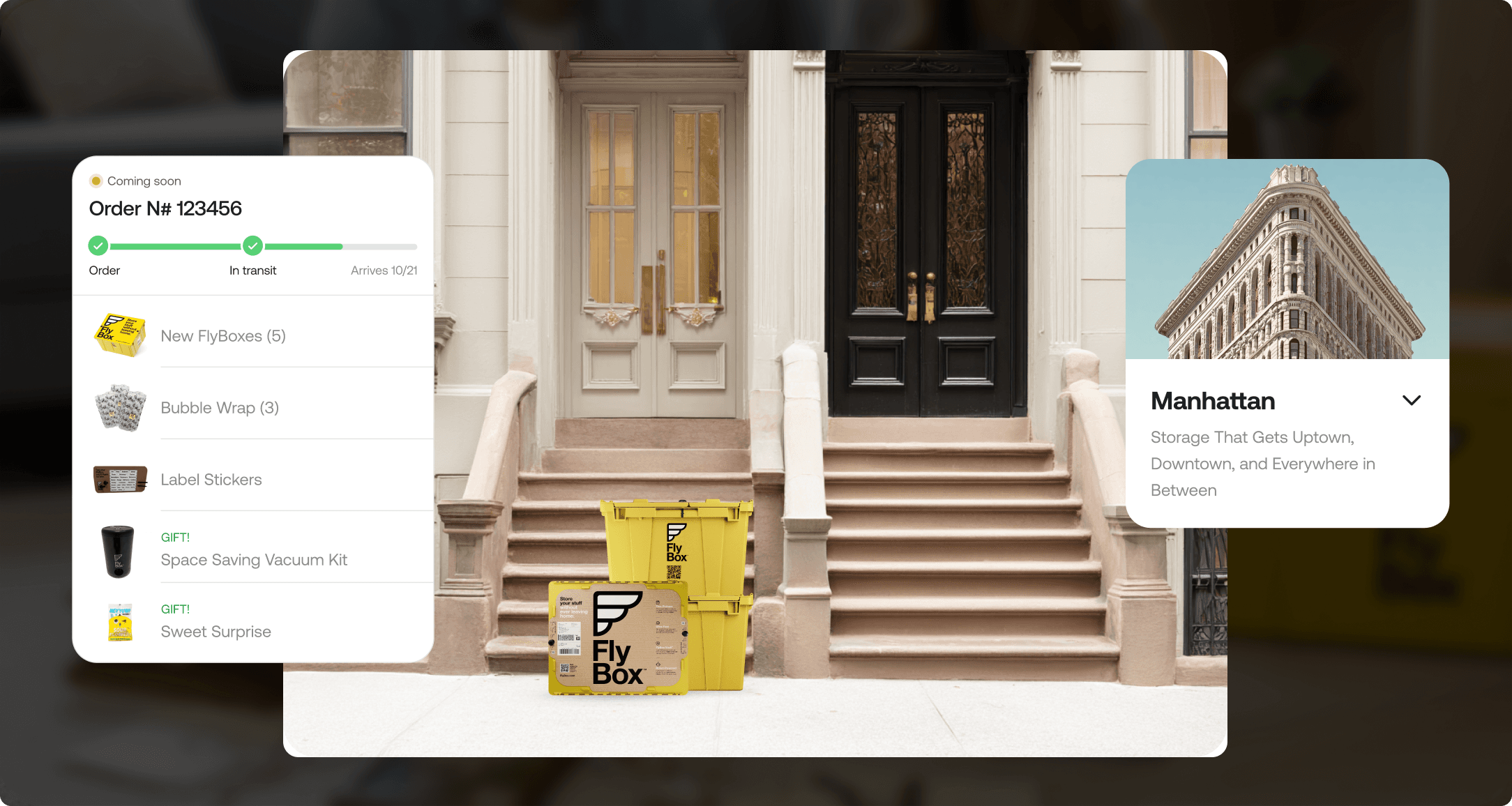 FlyBox order tracking screen with a yellow bin on a Manhattan doorstep, showing an in-transit order with supplies listed