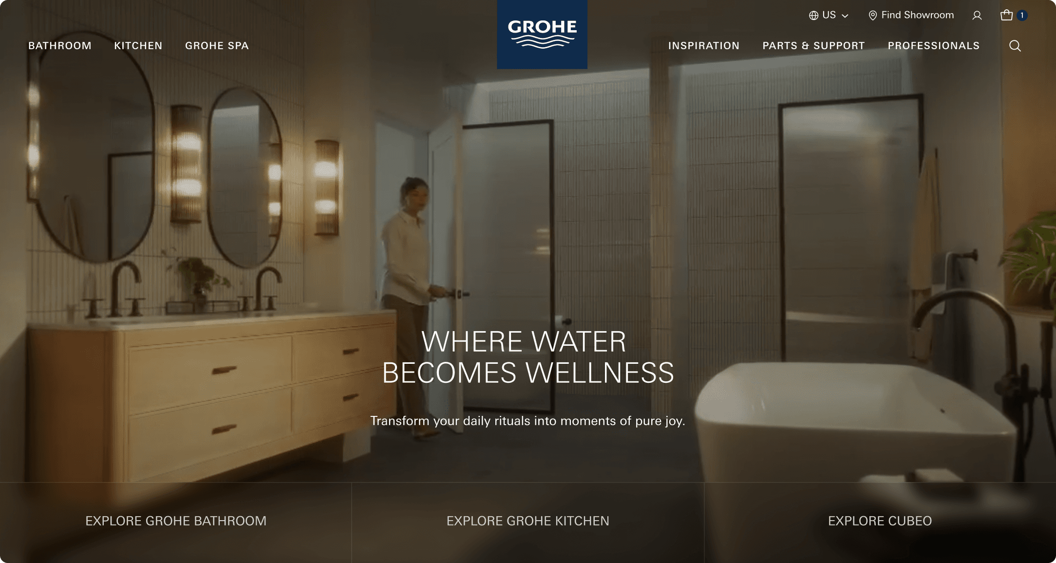 GROHE website homepage hero showing a luxury bathroom with the tagline Where Water Becomes Wellness