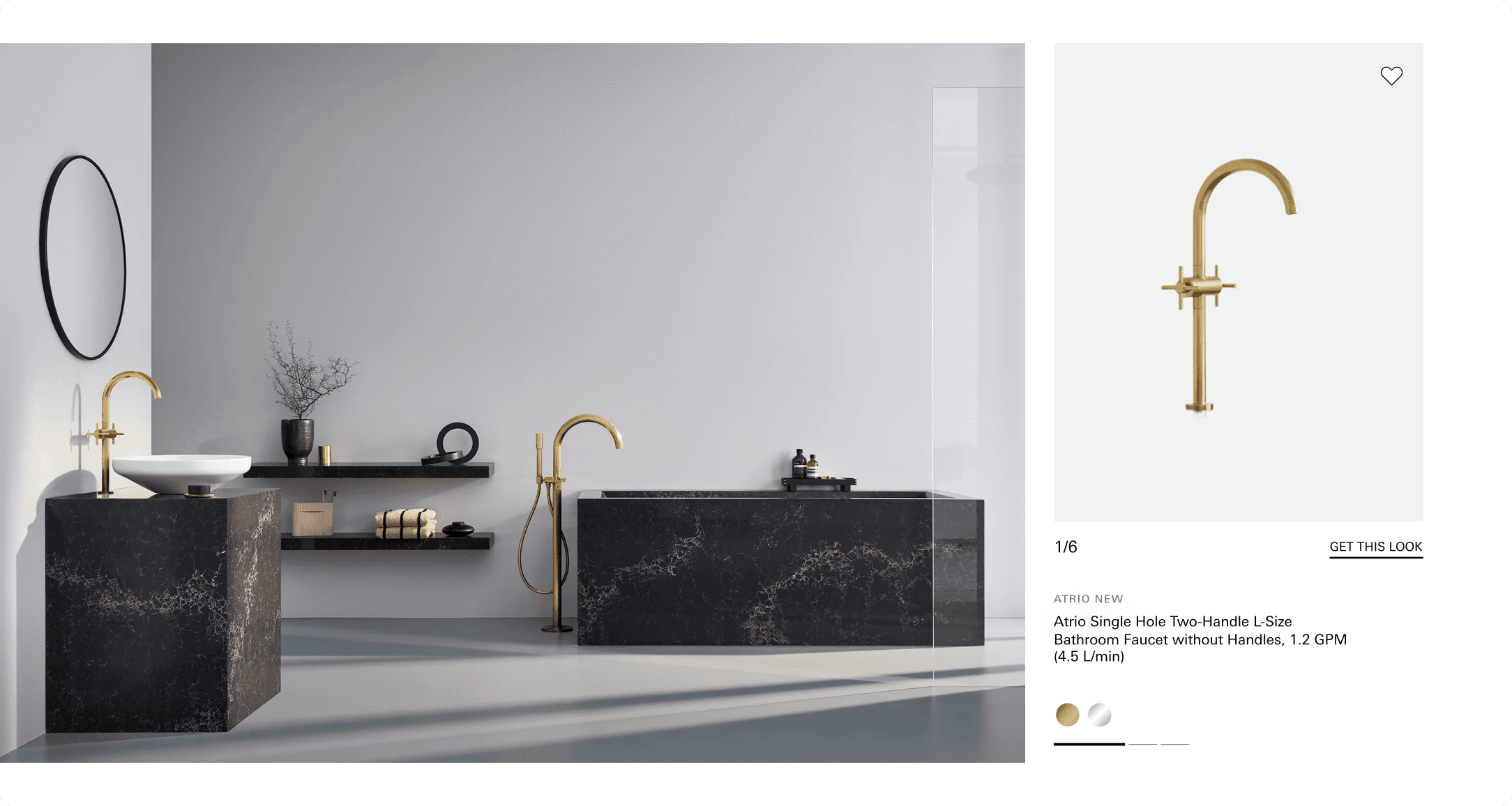 GROHE Get This Look feature showing an Atrio faucet in brushed gold beside a dark marble bathroom vanity and freestanding tub