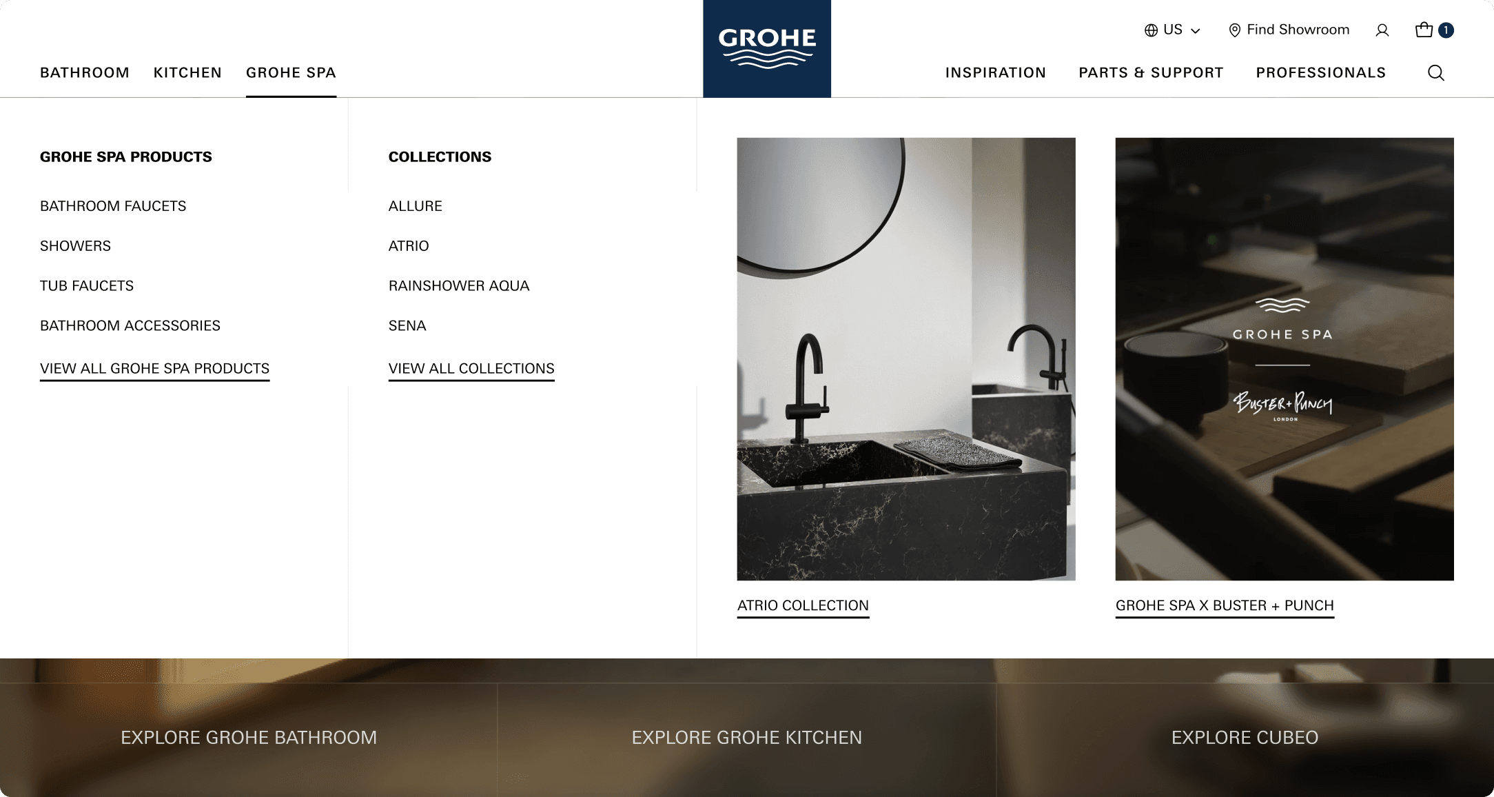 GROHE SPA navigation menu showing product categories and collections including Allure, Atrio, and Rainshower Aqua