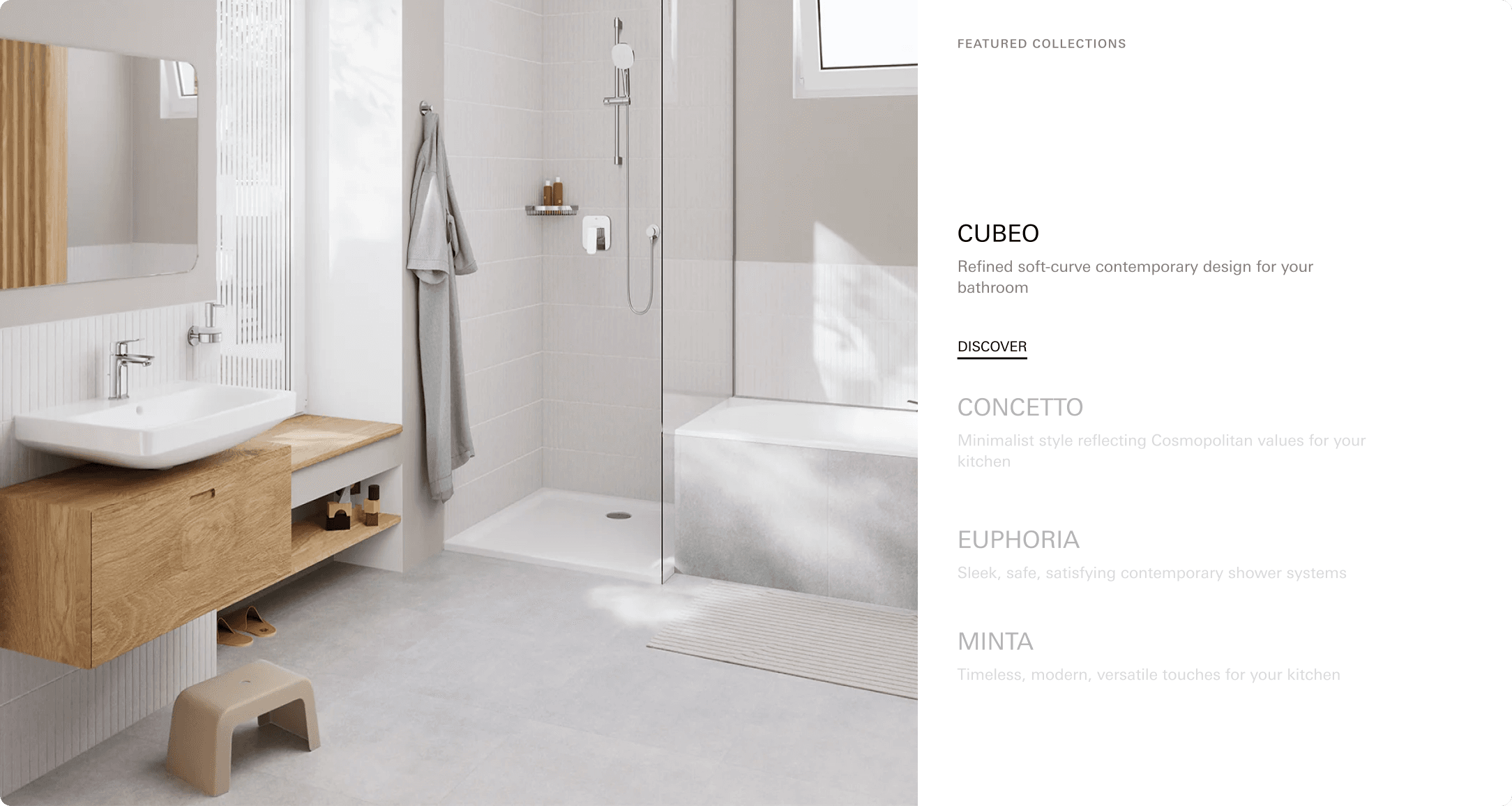 GROHE Featured Collections page highlighting the Cubeo collection with a minimalist bathroom photo and collection list