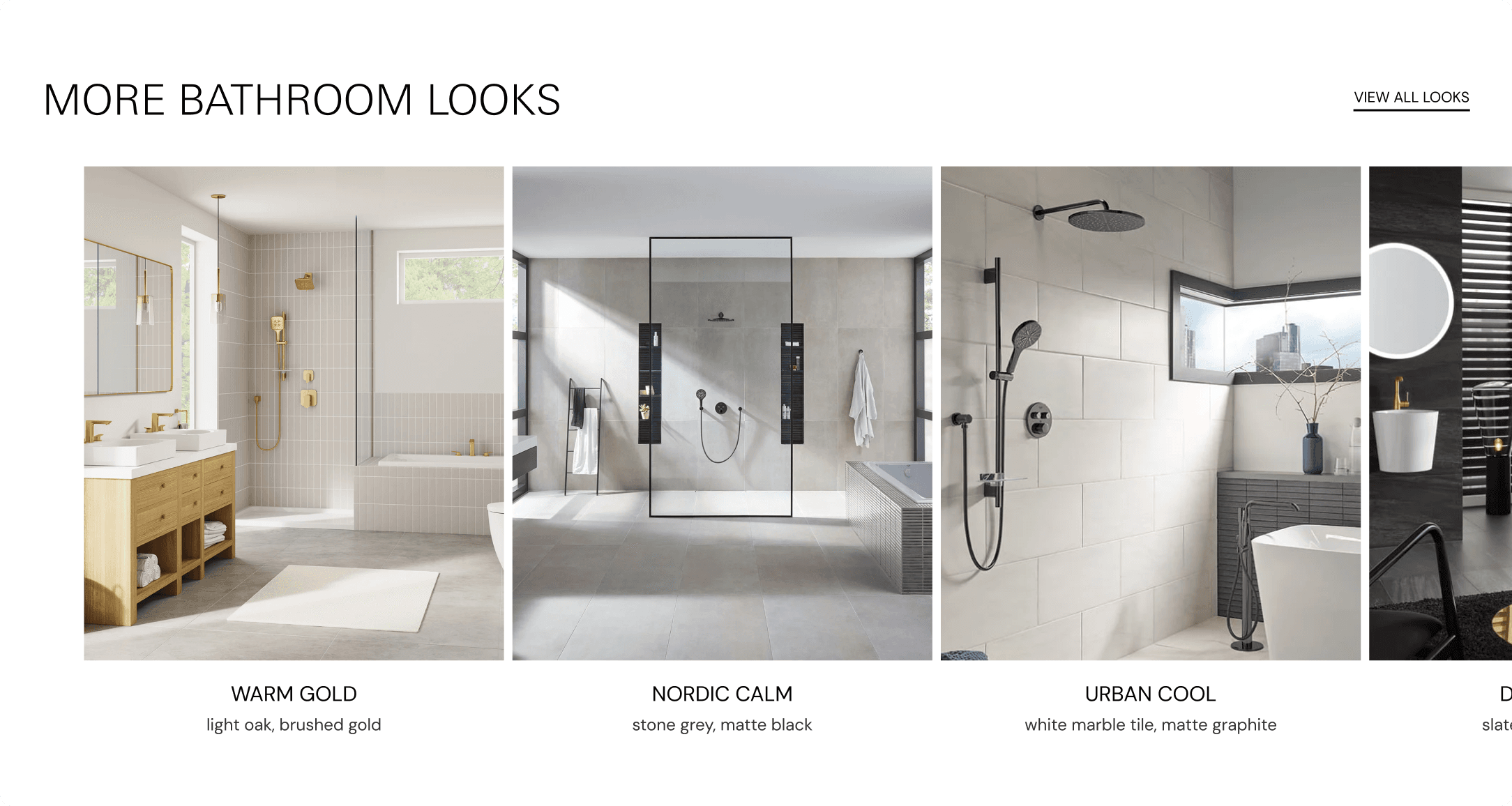 GROHE More Bathroom Looks section showing four styled bathroom scenes: Warm Gold, Nordic Calm, Urban Cool, and a fourth style
