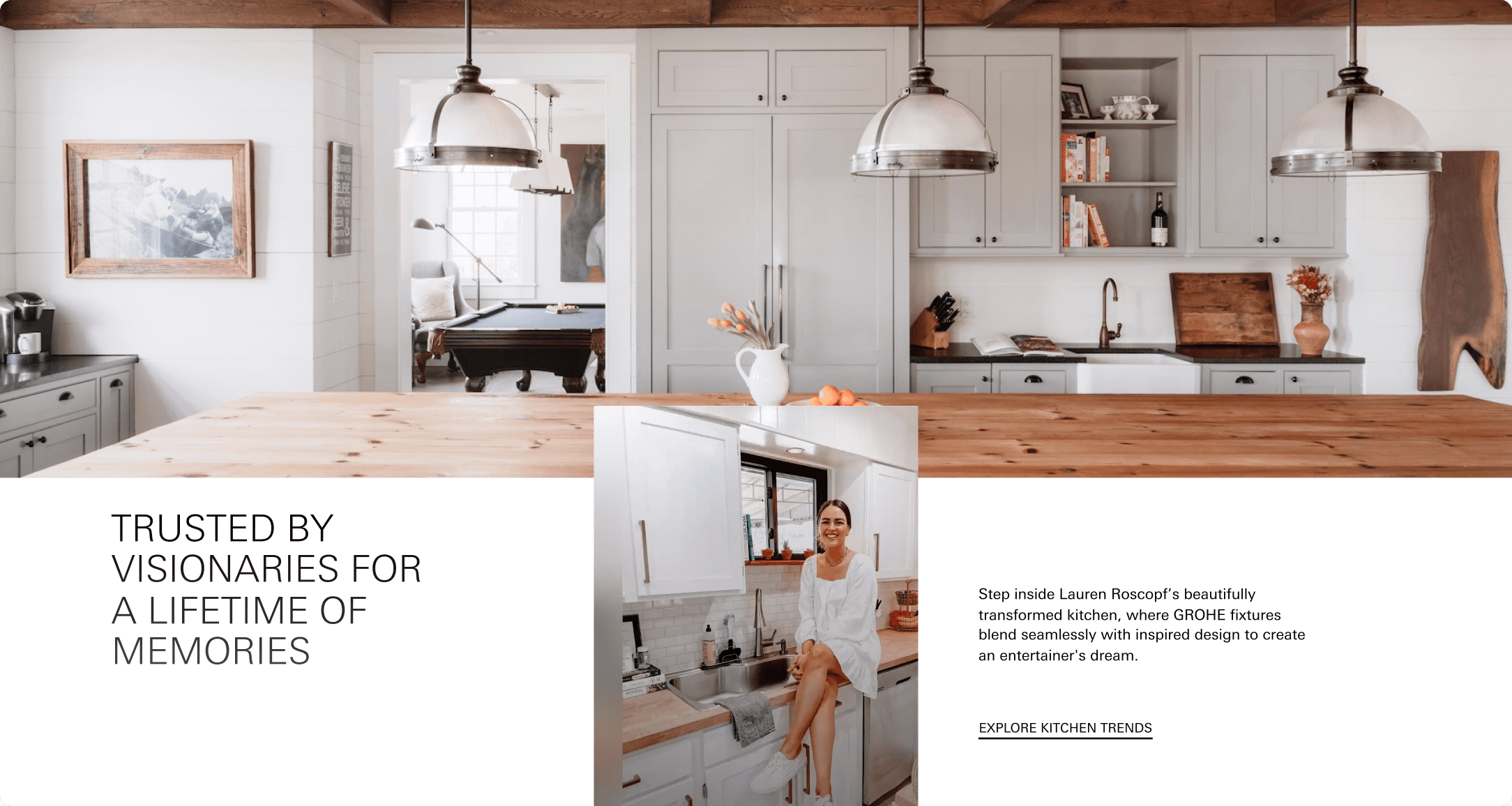 GROHE kitchen inspiration page with the headline Trusted by Visionaries, featuring Lauren Roscop's kitchen