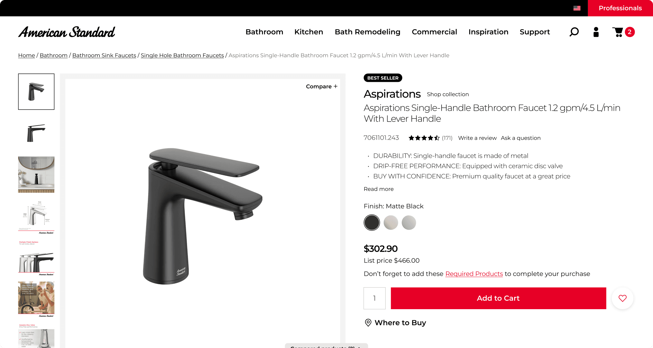 American Standard product detail page showing the Aspirations single-handle bathroom faucet in matte black with pricing and finish options