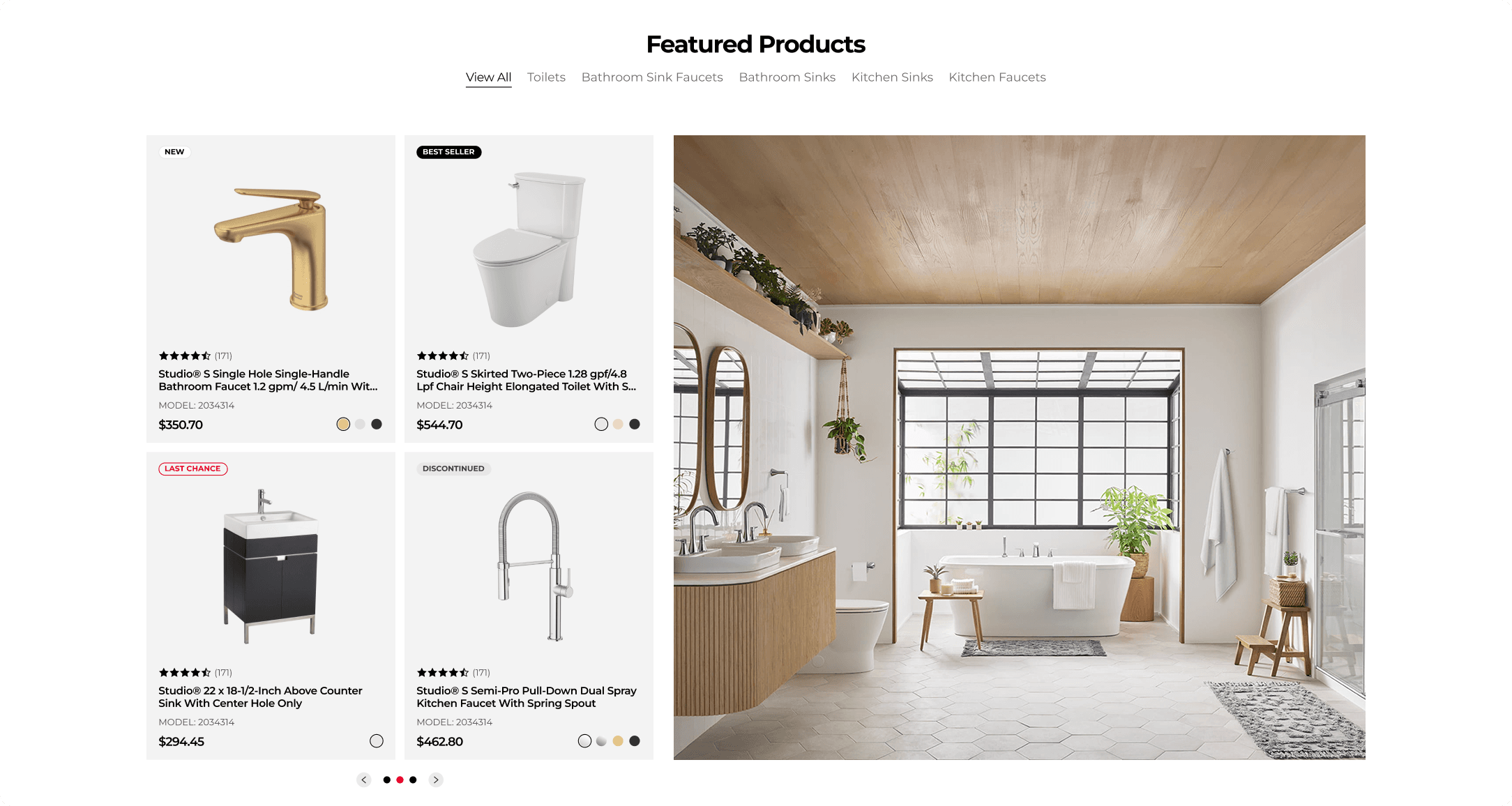 American Standard featured products section displaying bathroom faucets, toilets, and sinks alongside a bright bathroom interior with freestanding tub