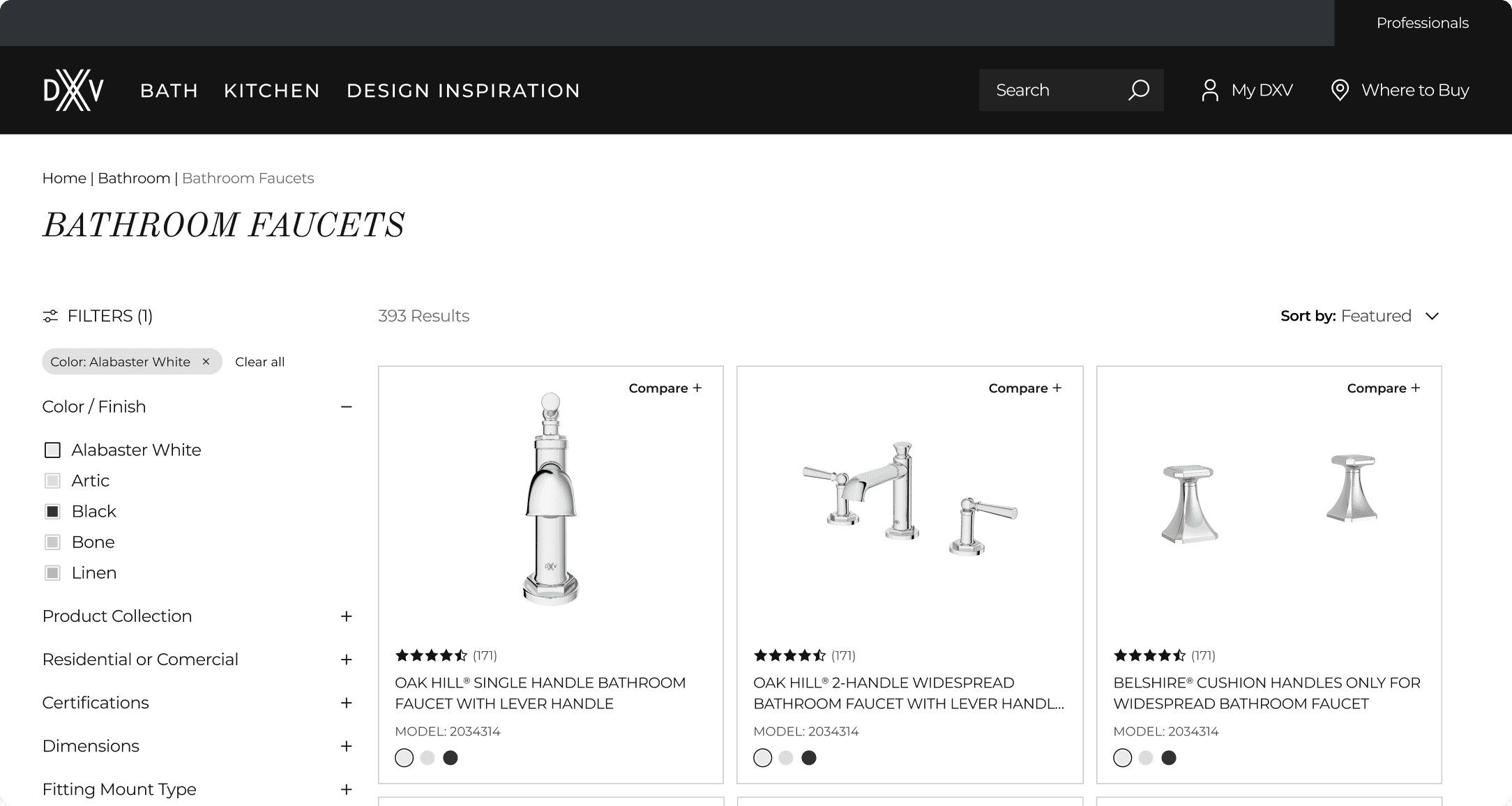 DXV bathroom faucets category page with filters for finish, collection, and dimensions showing Oak Hill and Belshire product listings