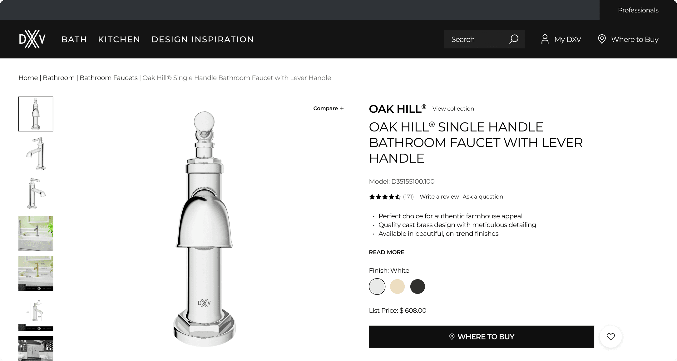 DXV Oak Hill single handle bathroom faucet product detail page in white finish with multiple angle thumbnails and Where to Buy button