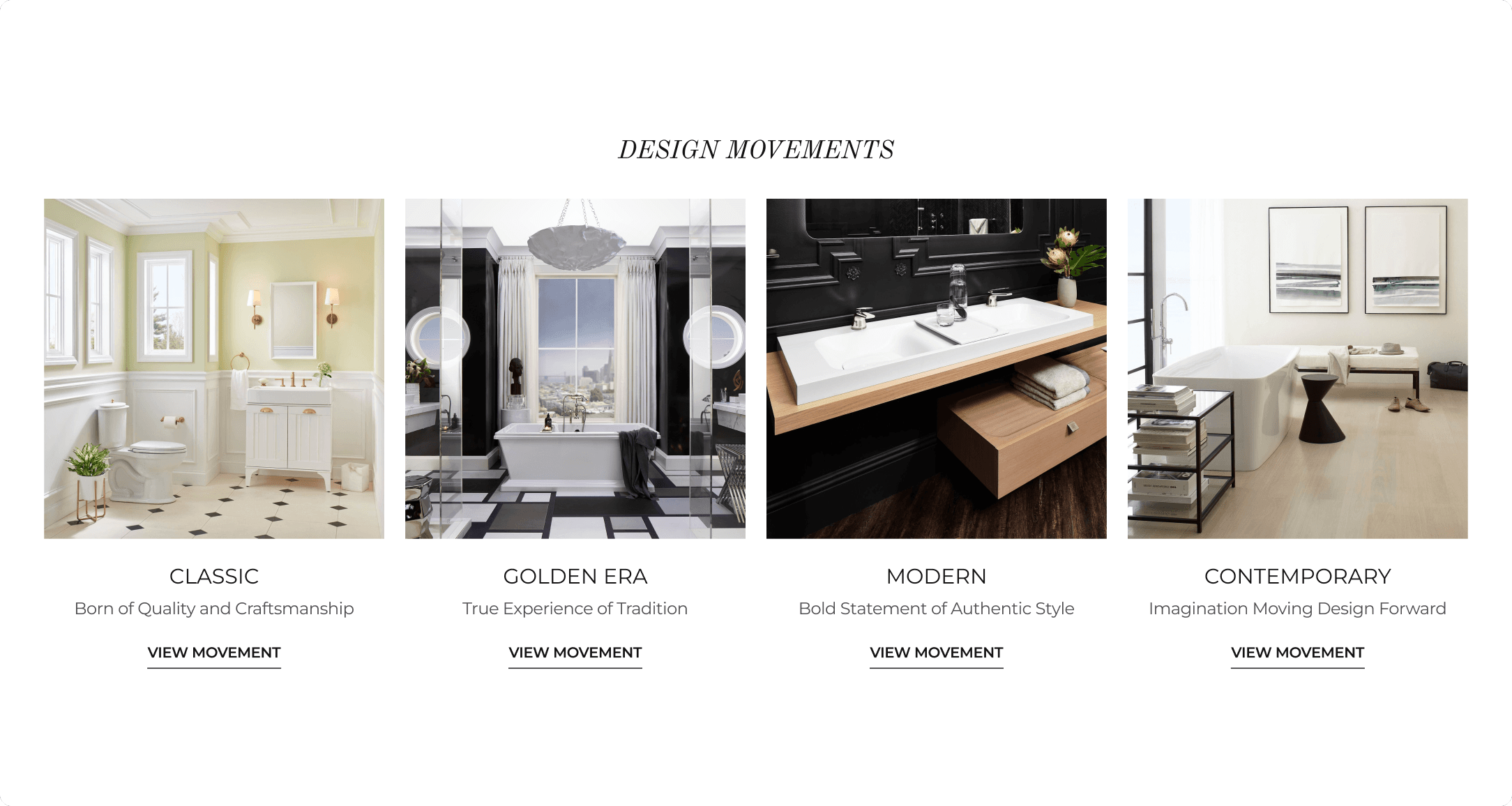 DXV Design Movements section showcasing Classic, Golden Era, Modern, and Contemporary bathroom styles with curated interior photography