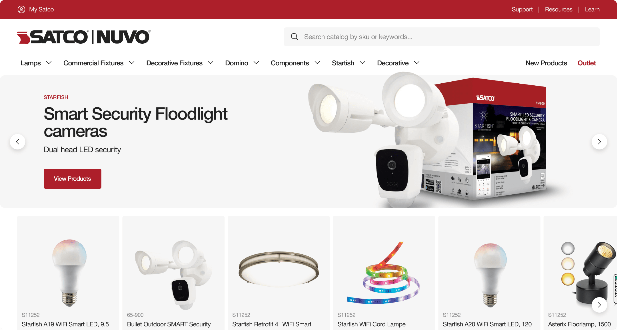 SATCO|NUVO homepage hero featuring Smart Security Floodlight Cameras, with a product grid of LED and smart lighting below