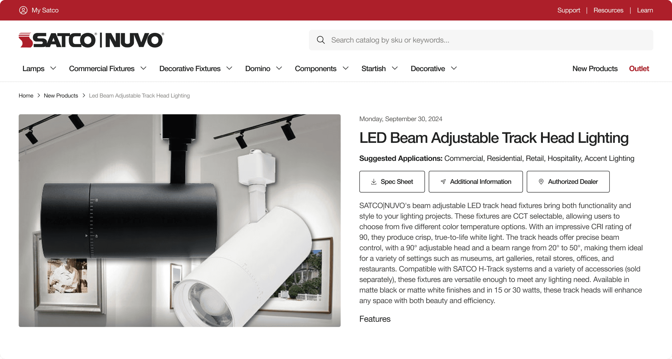 SATCO|NUVO product detail page for LED Beam Adjustable Track Head Lighting, showing spec sheet and authorized dealer tabs