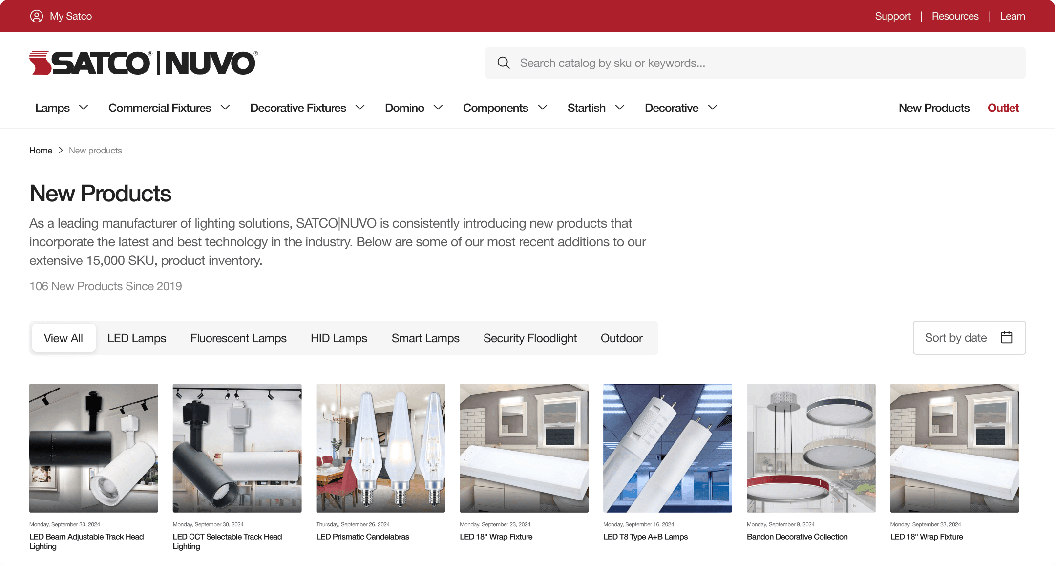 SATCO|NUVO New Products page listing 106 new SKUs with filter tabs for LED, Fluorescent, Smart, and Security Floodlight