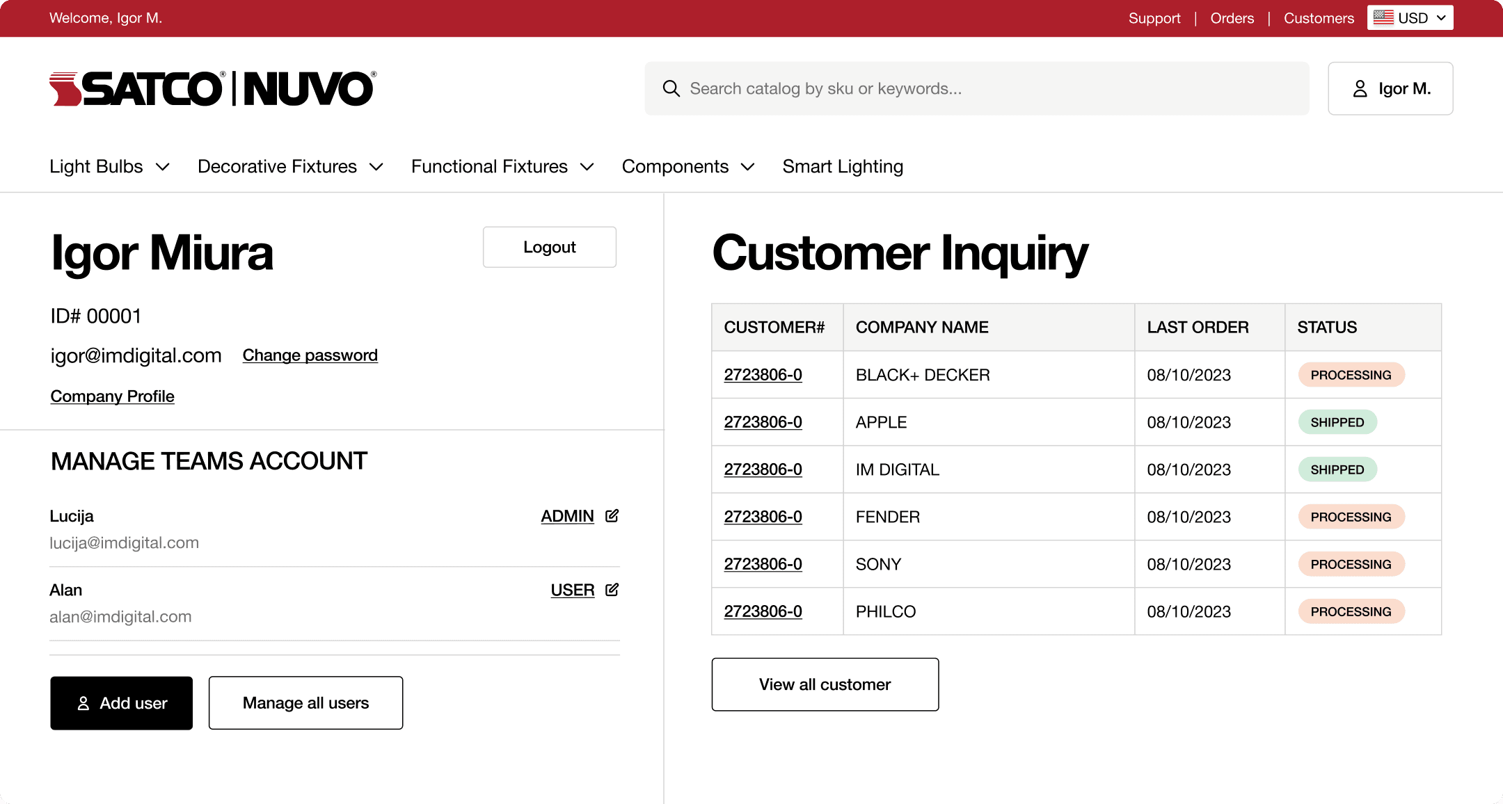 SATCO|NUVO sales rep portal with Customer Inquiry dashboard showing order status for Black+Decker and Apple accounts