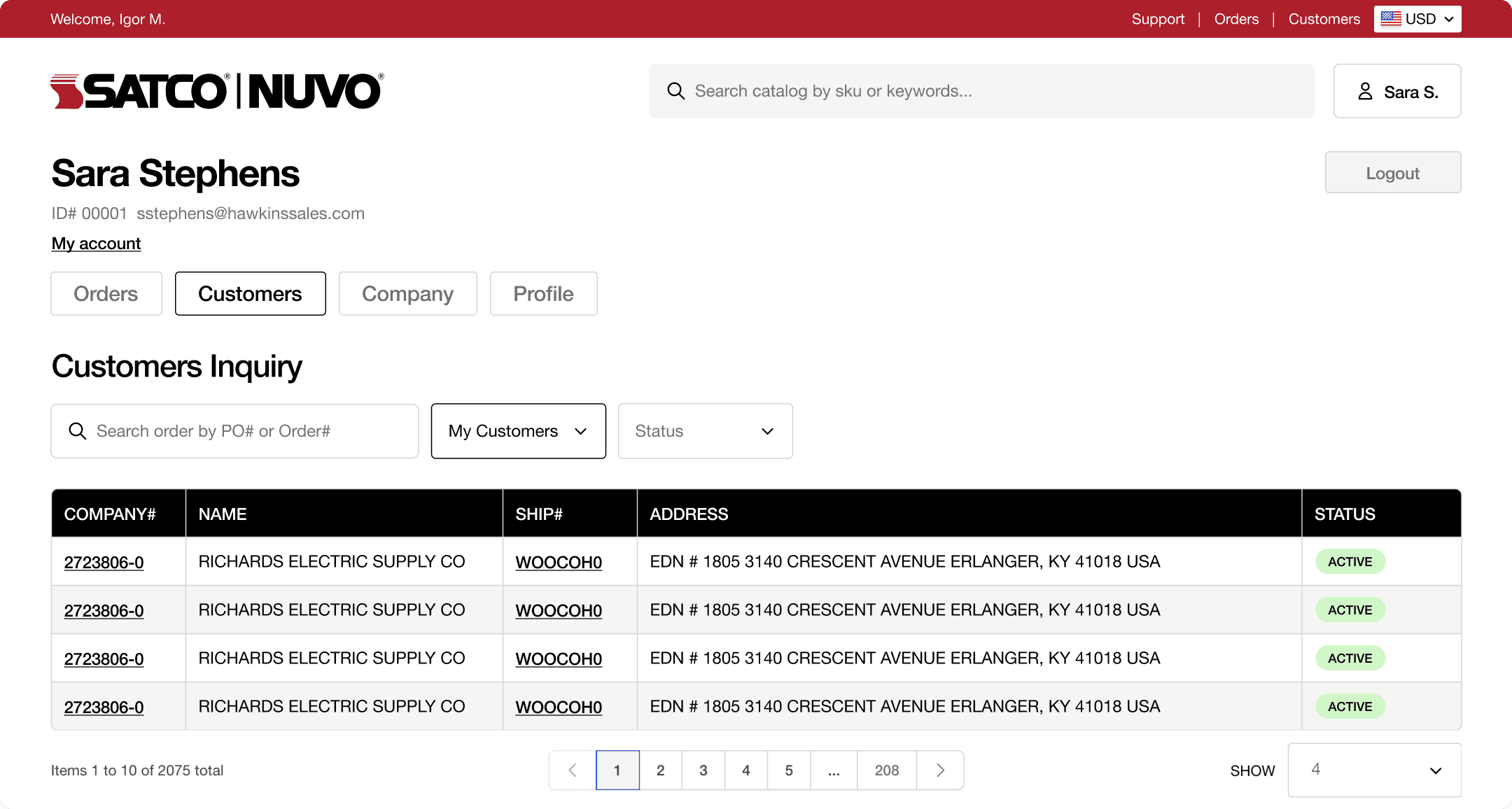 SATCO|NUVO distributor portal Customers Inquiry page with reseller accounts, active status indicators, and address details