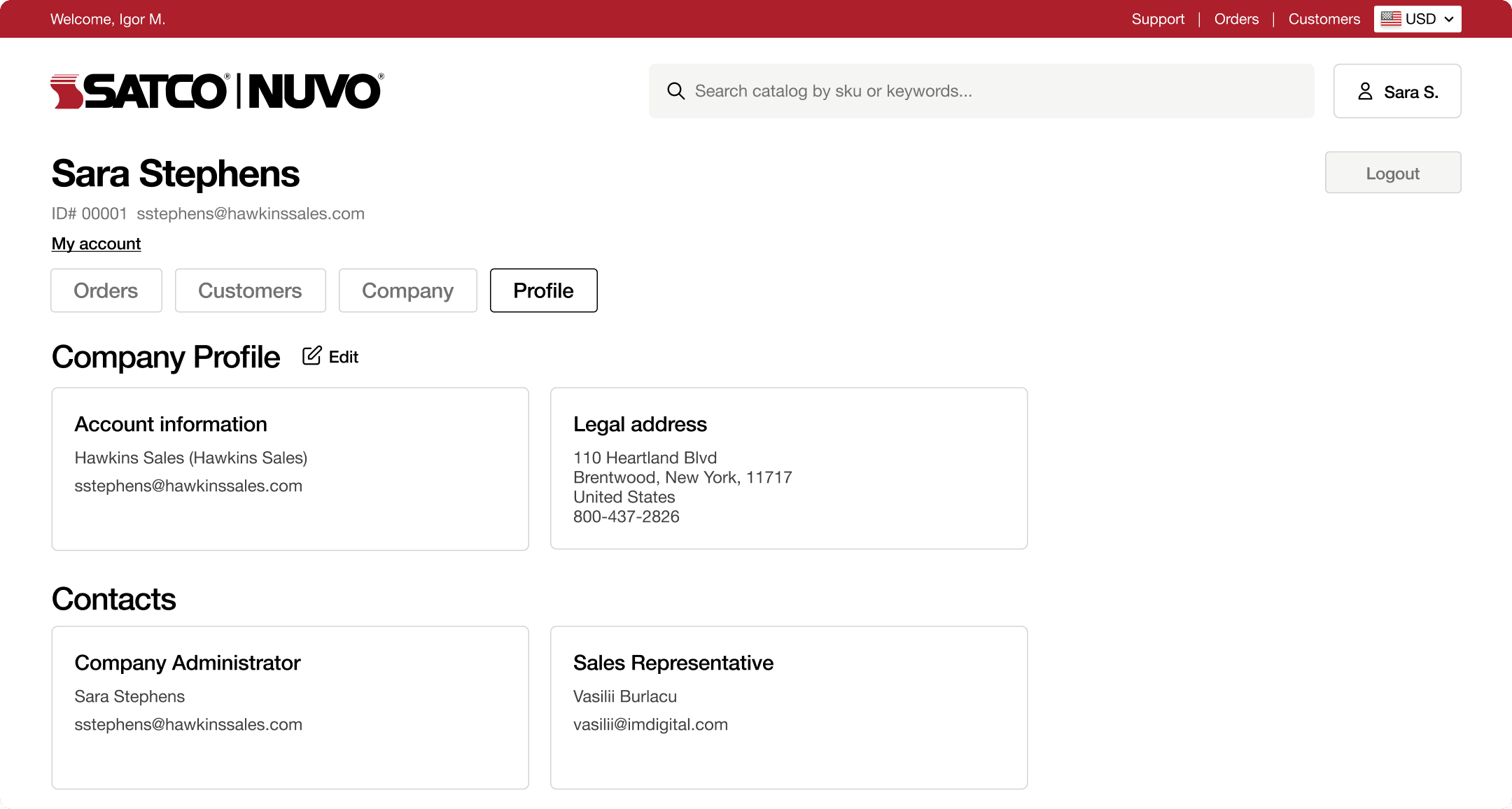 SATCO|NUVO distributor Company Profile page showing account information, legal address, and assigned sales representative