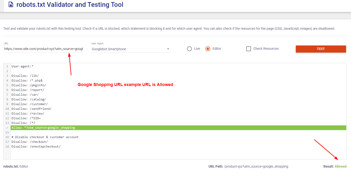 Allow directive for Google Shopping UTM parameters