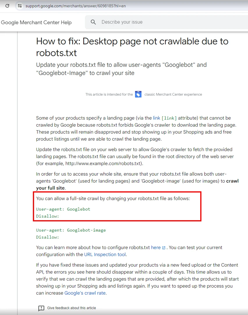 Desktop page not crawlable due to robots.txt error in Google Merchant Center