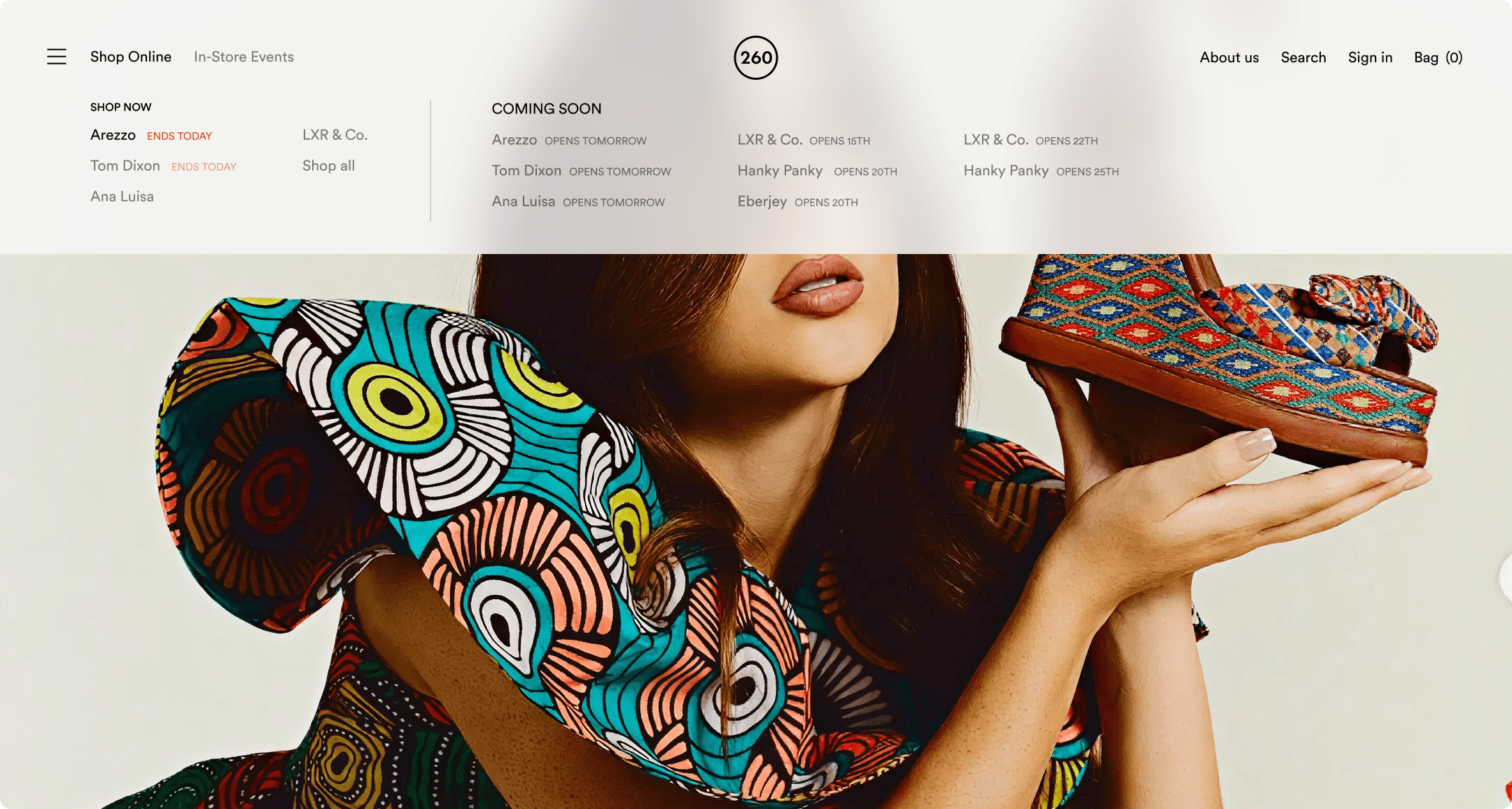 260 Sample Sale navigation menu open with Shop Now and Coming Soon sale listings alongside a fashion campaign hero