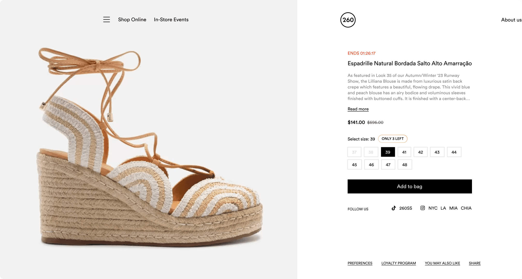 260 Sample Sale product detail page for a woven wedge espadrille with countdown timer and size selector