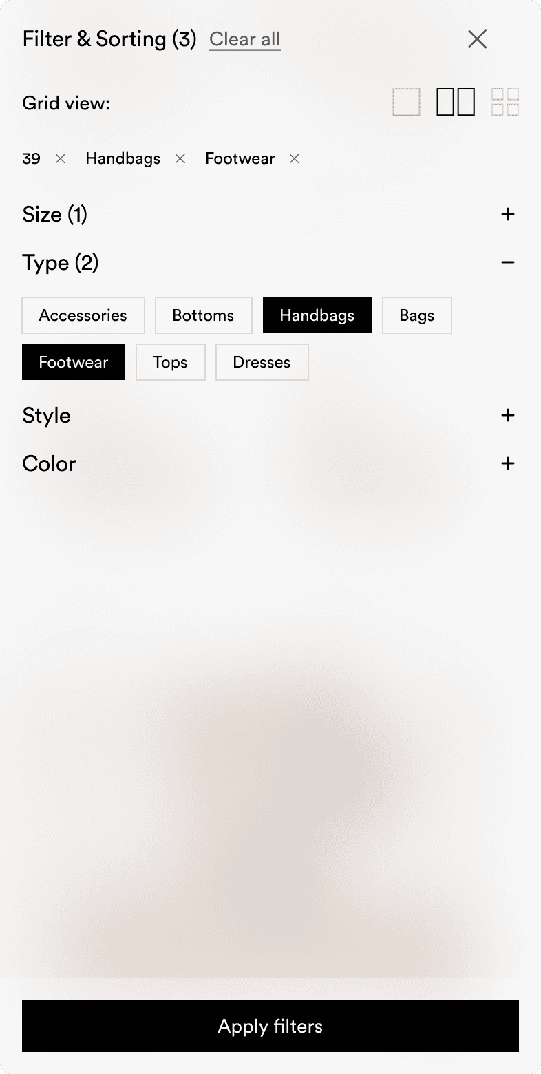 260 Sample Sale mobile filter panel with category and type toggles for Handbags and Footwear