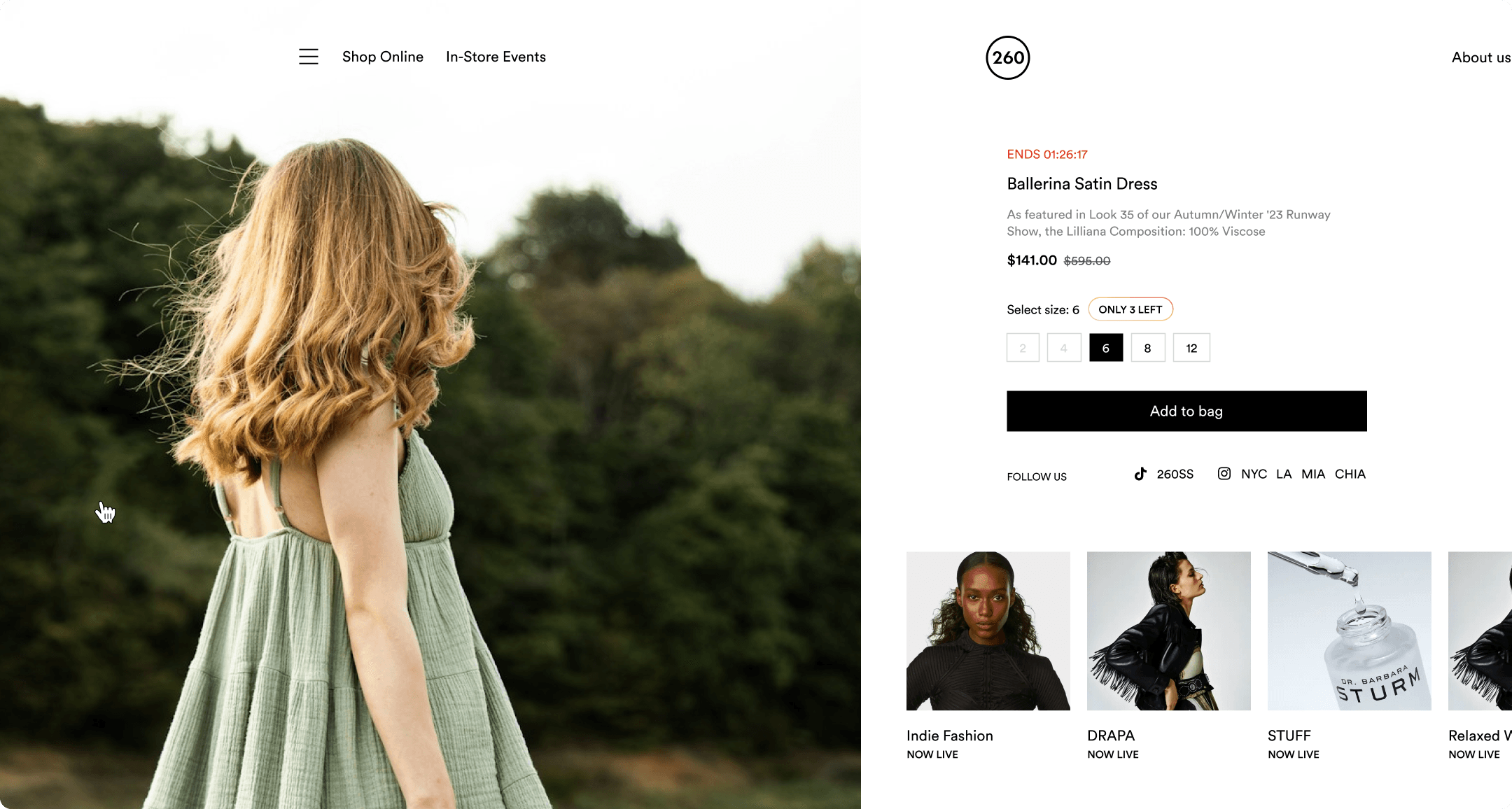 260 Sample Sale product page for a Ballerina Satin Dress with a campaign photo and related live sale tiles below