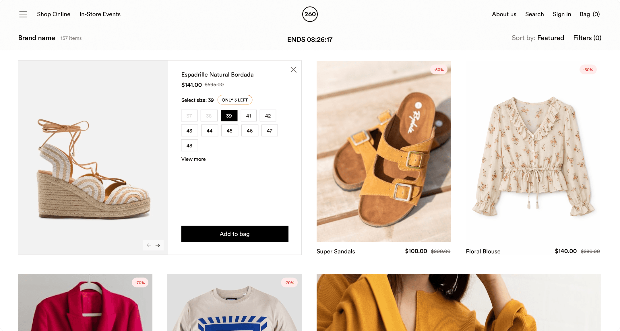 260 Sample Sale desktop product listing with a quick-buy drawer open for a woven wedge alongside sandals and a floral blouse