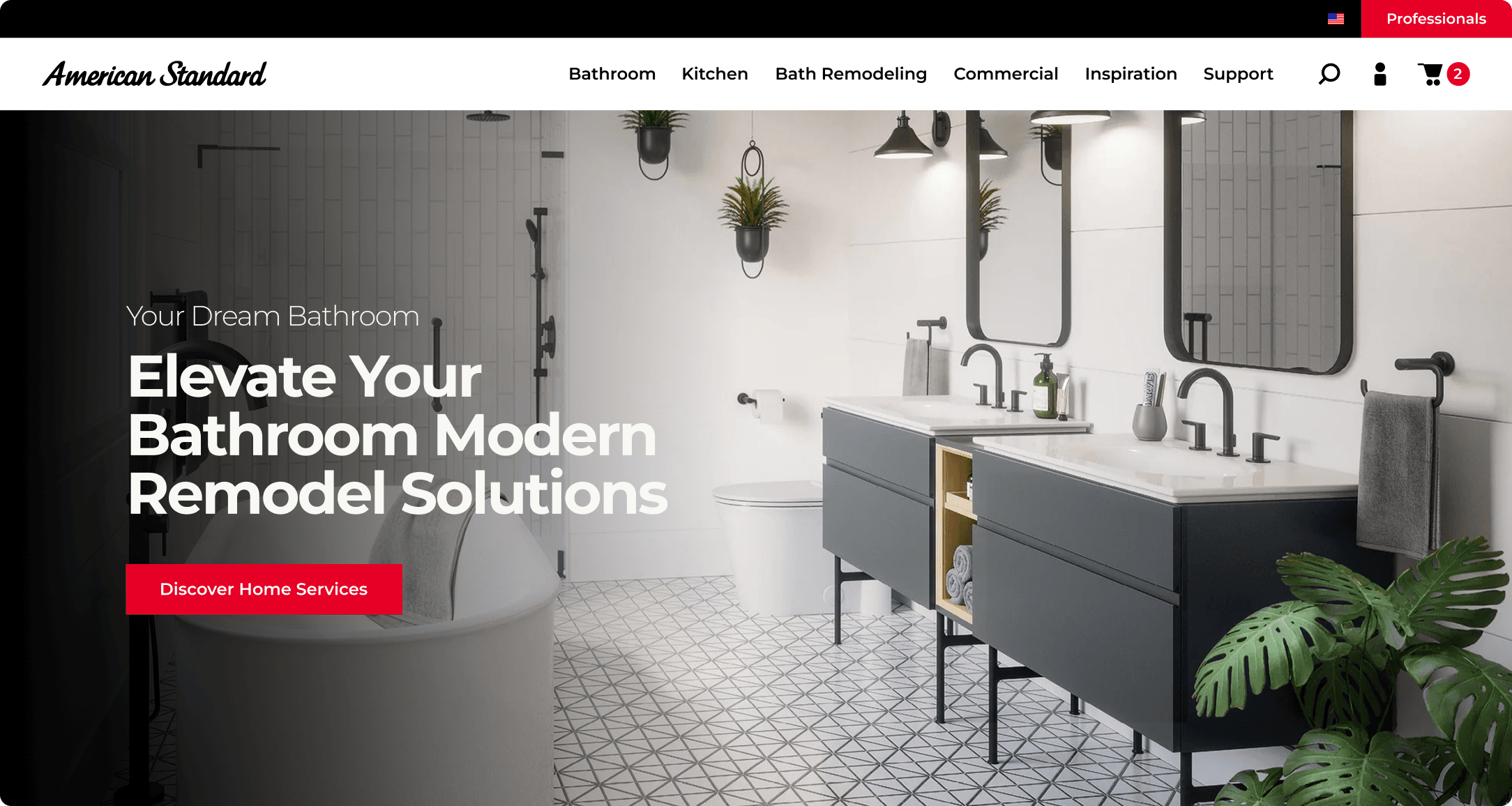 American Standard Shopify homepage with a hero promoting modern bathroom remodel solutions and a Discover Home Services CTA