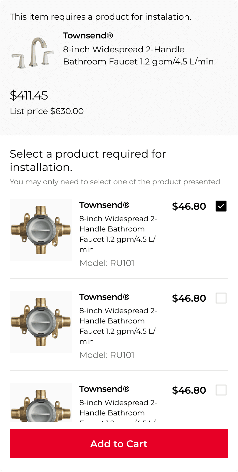 American Standard mobile cart screen showing a Townsend widespread bathroom faucet with required installation valve selection