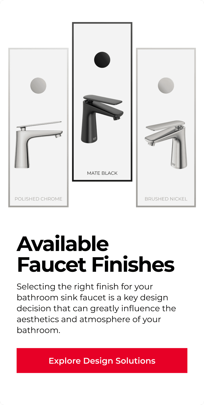 American Standard mobile page showing three faucet finishes, polished chrome, matte black, and brushed nickel