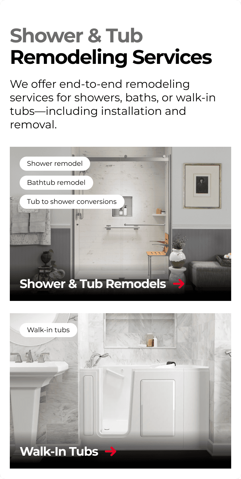 American Standard mobile shower remodeling services page with photo cards for shower remodels and walk-in tubs