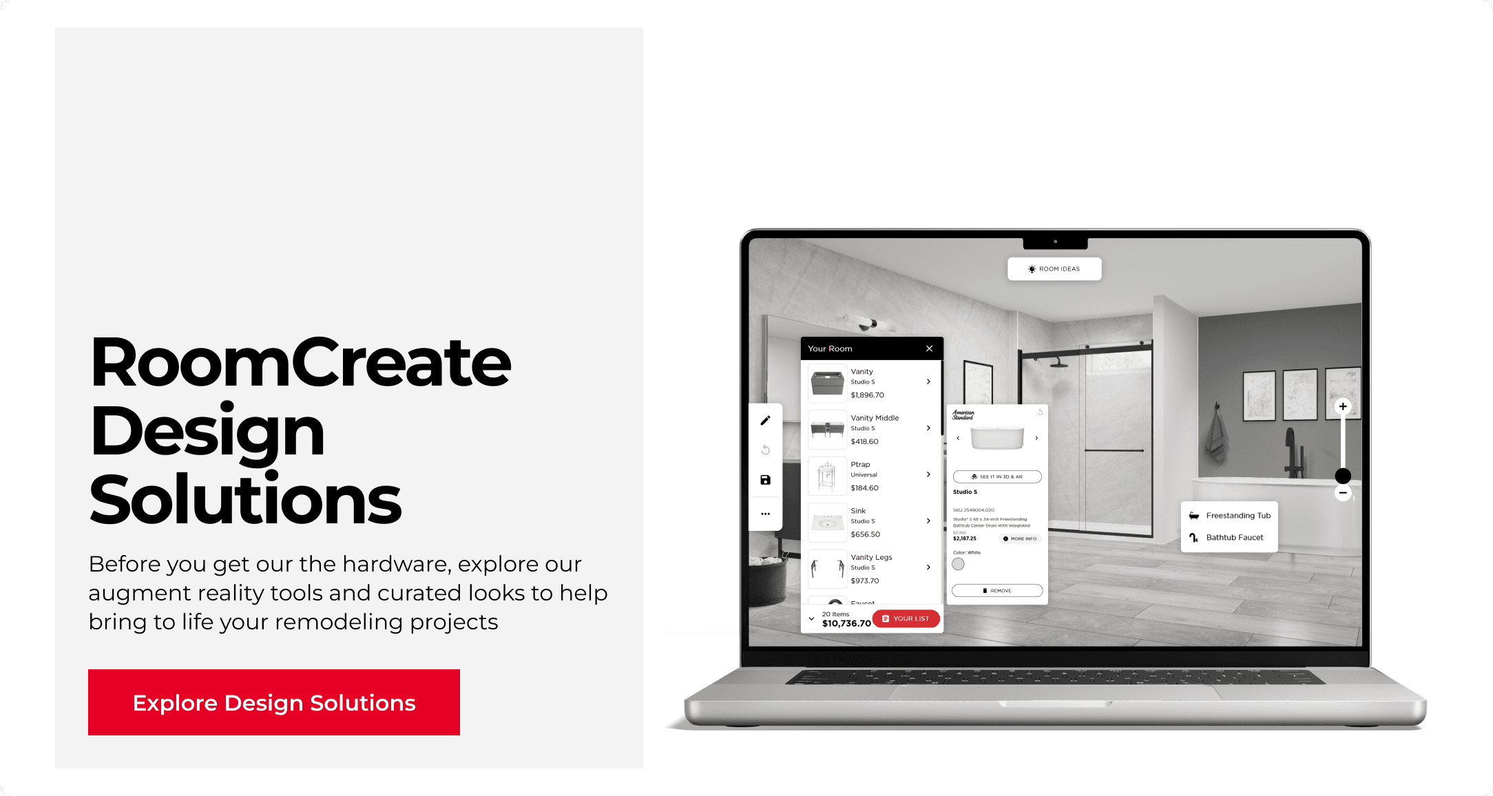 American Standard RoomCreate Design Solutions page showing an AR-powered room visualization tool on a laptop screen
