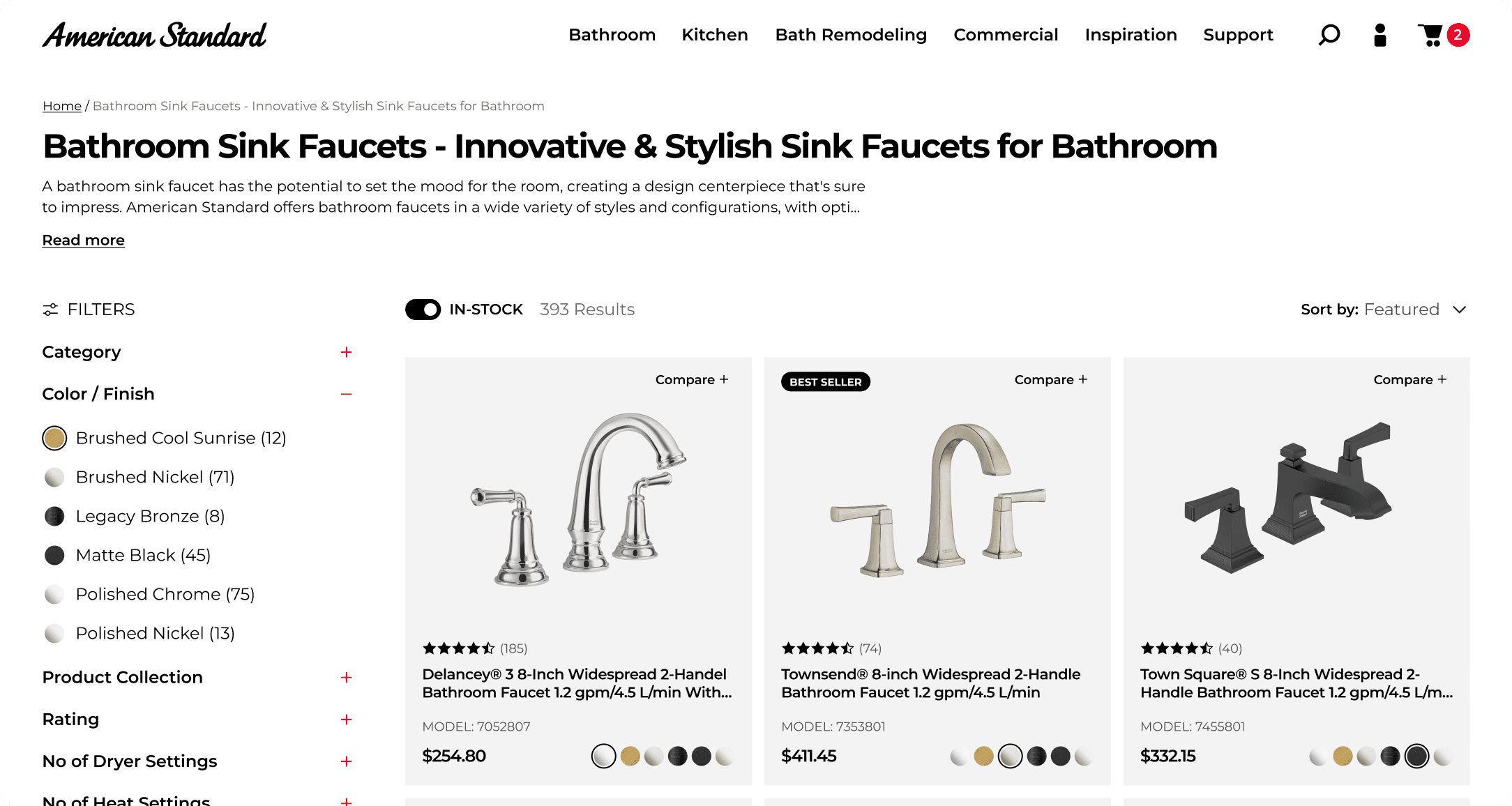 American Standard bathroom sink faucets category page with filters and three bestselling widespread faucets