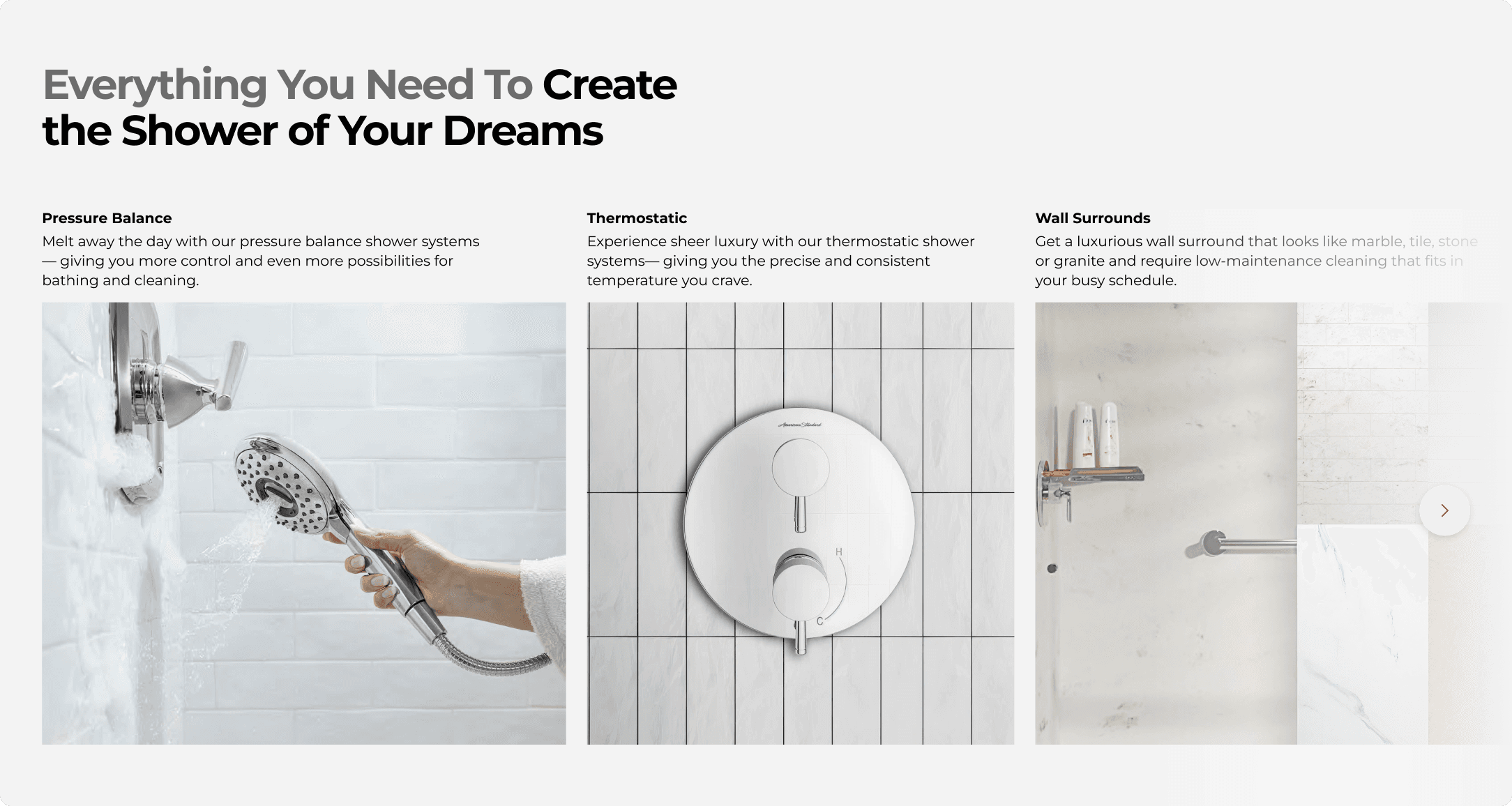 American Standard shower systems page with three panels covering pressure balance, thermostatic, and wall surround options