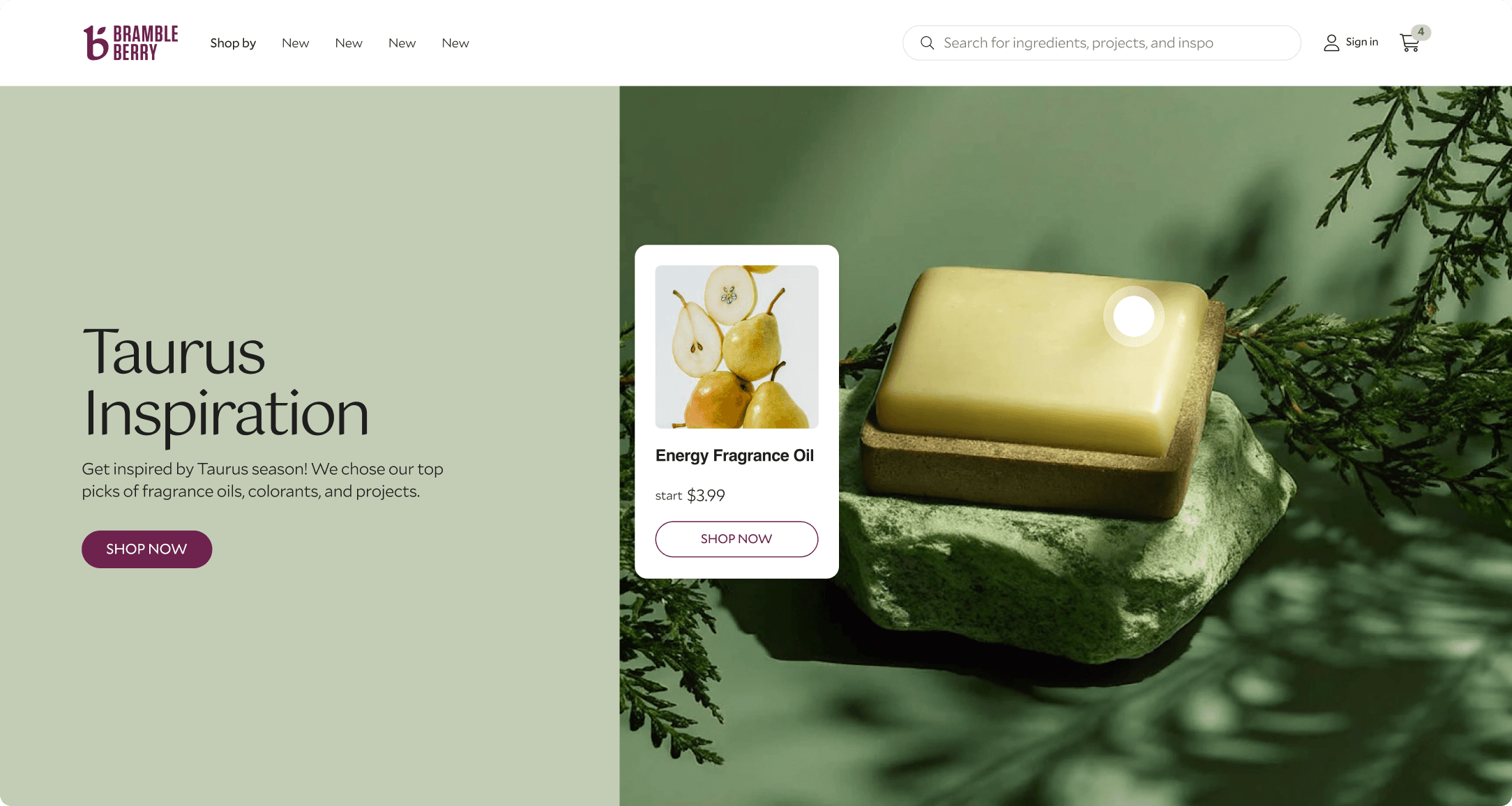 Bramble Berry homepage hero for Taurus Inspiration season with a handmade green soap bar and Energy Fragrance Oil