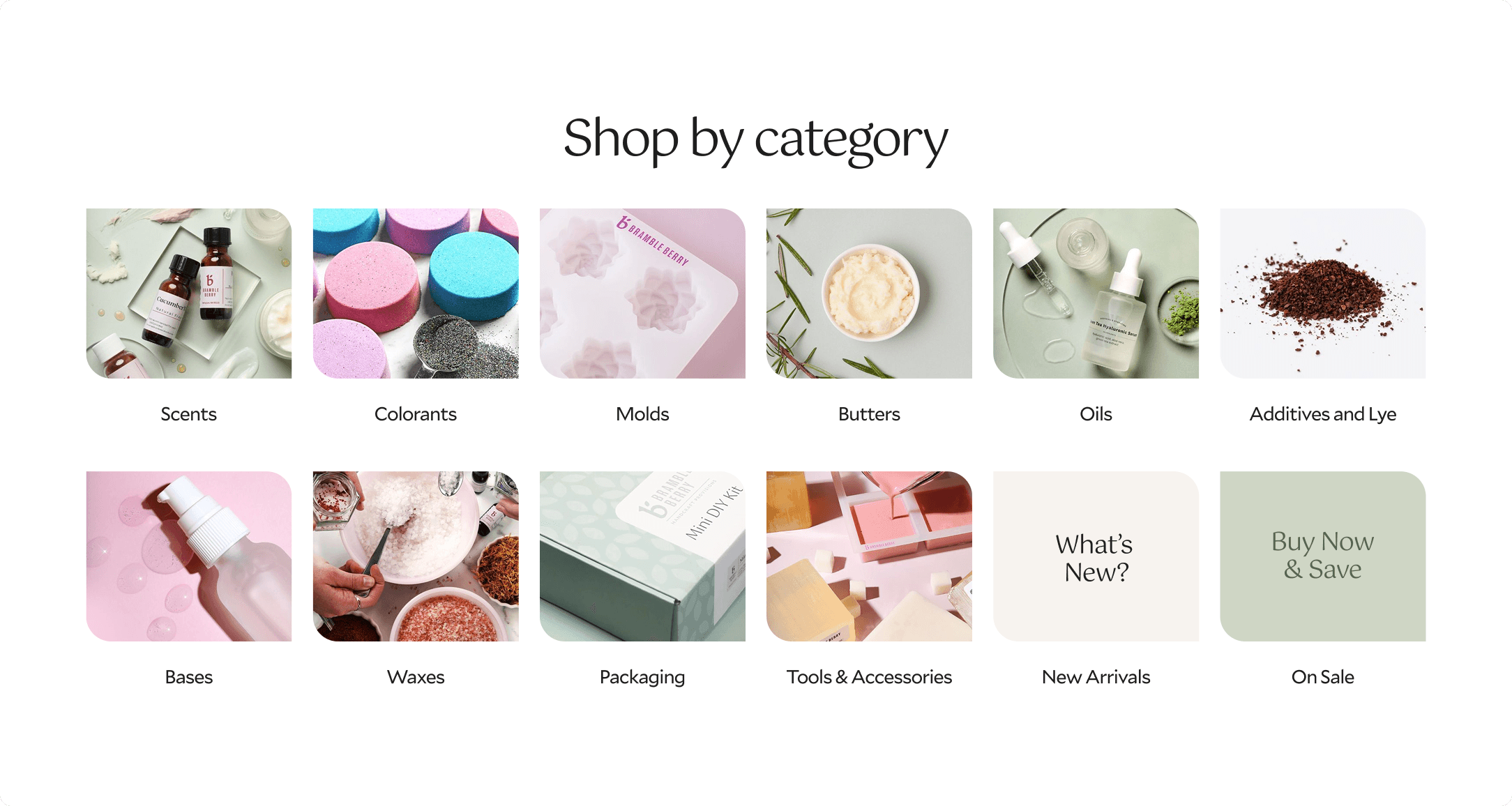 Bramble Berry Shop by Category grid showing 12 tiles including Scents, Colorants, Molds, Butters, Oils, and Packaging