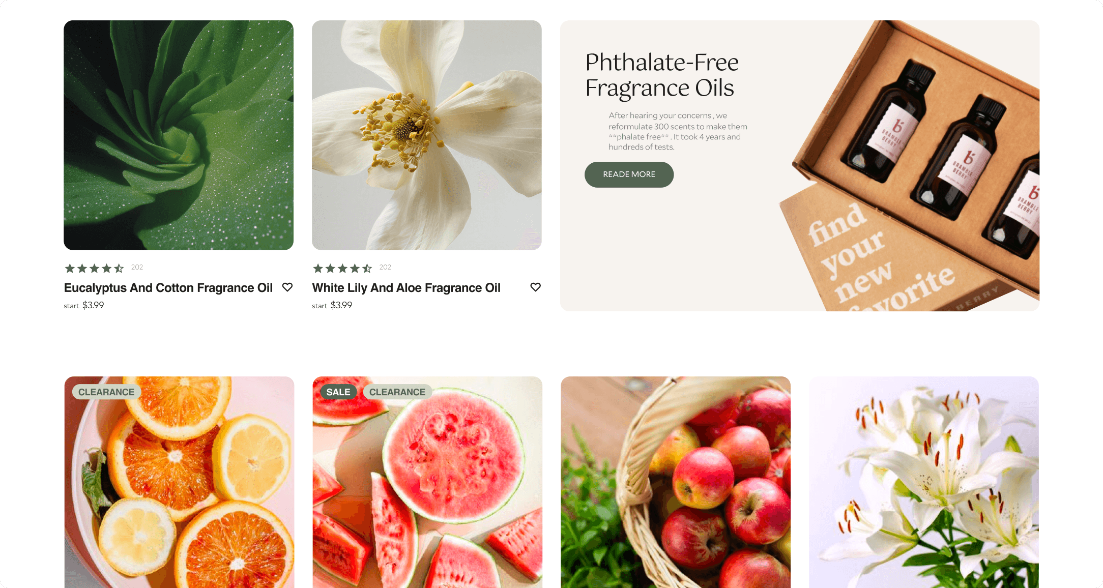 Bramble Berry product listing section showing fragrance oils and a phthalate-free oils promotional banner with citrus imagery