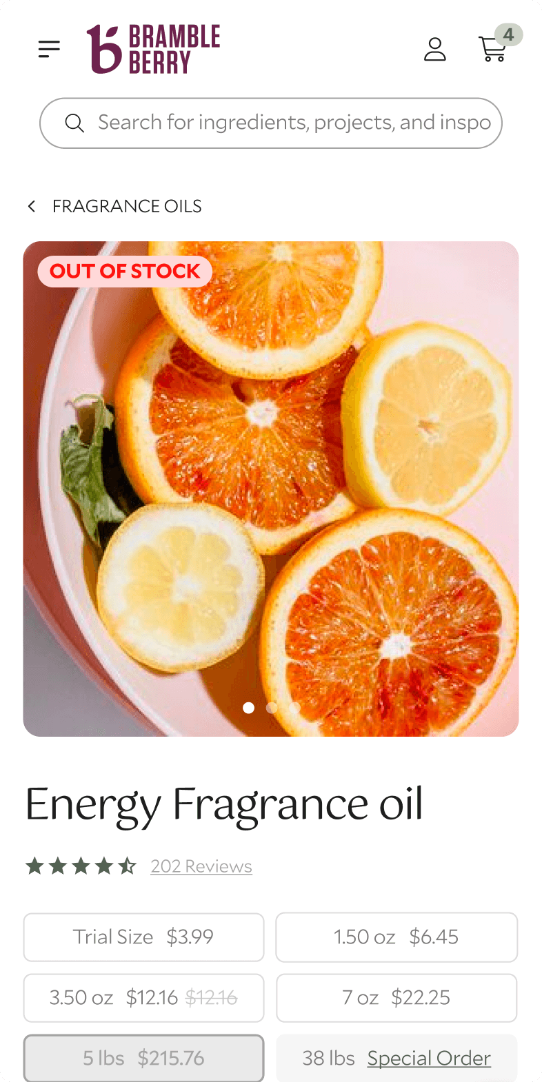 Bramble Berry mobile product page for Energy Fragrance Oil with citrus imagery, size options, and pricing from $3.99