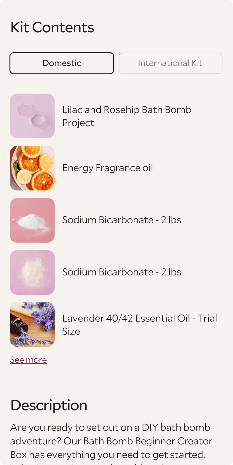 Bramble Berry mobile Kit Contents for a bath bomb beginner kit listing fragrance oils and essential oil trial sizes
