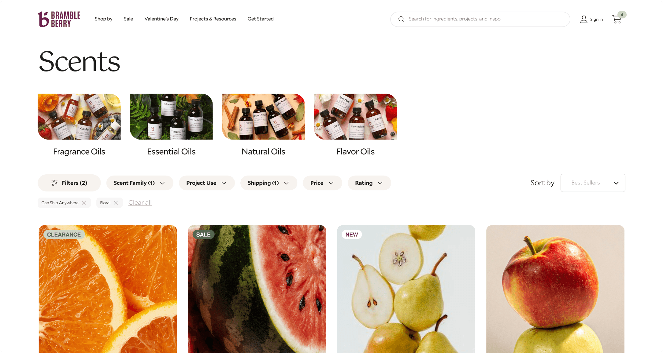 Bramble Berry Scents category page with subcategory tiles for Fragrance, Essential, Natural, and Flavor Oils