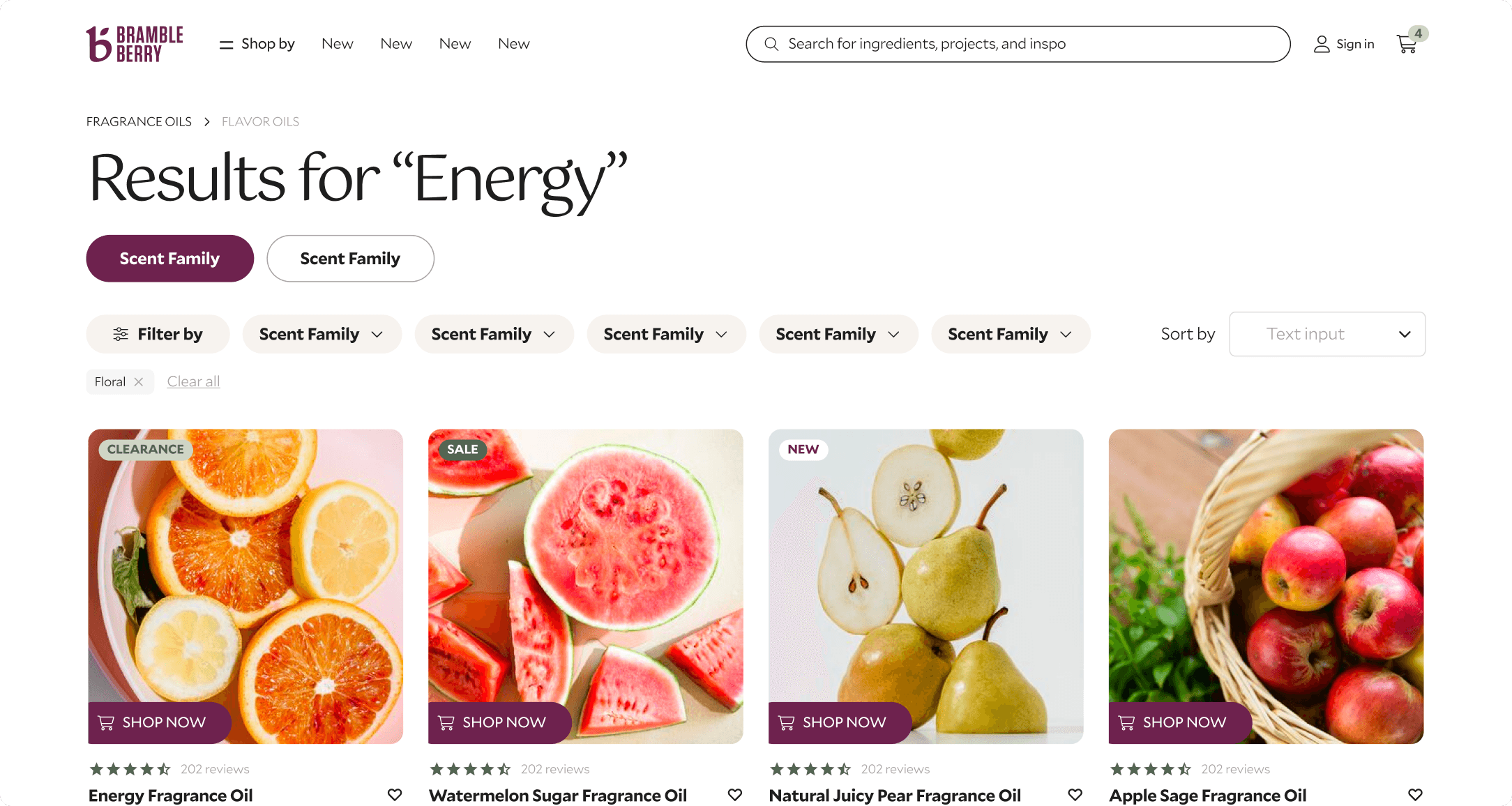 Bramble Berry search results page for Energy showing four fragrance oil products with sale, clearance, and new badges