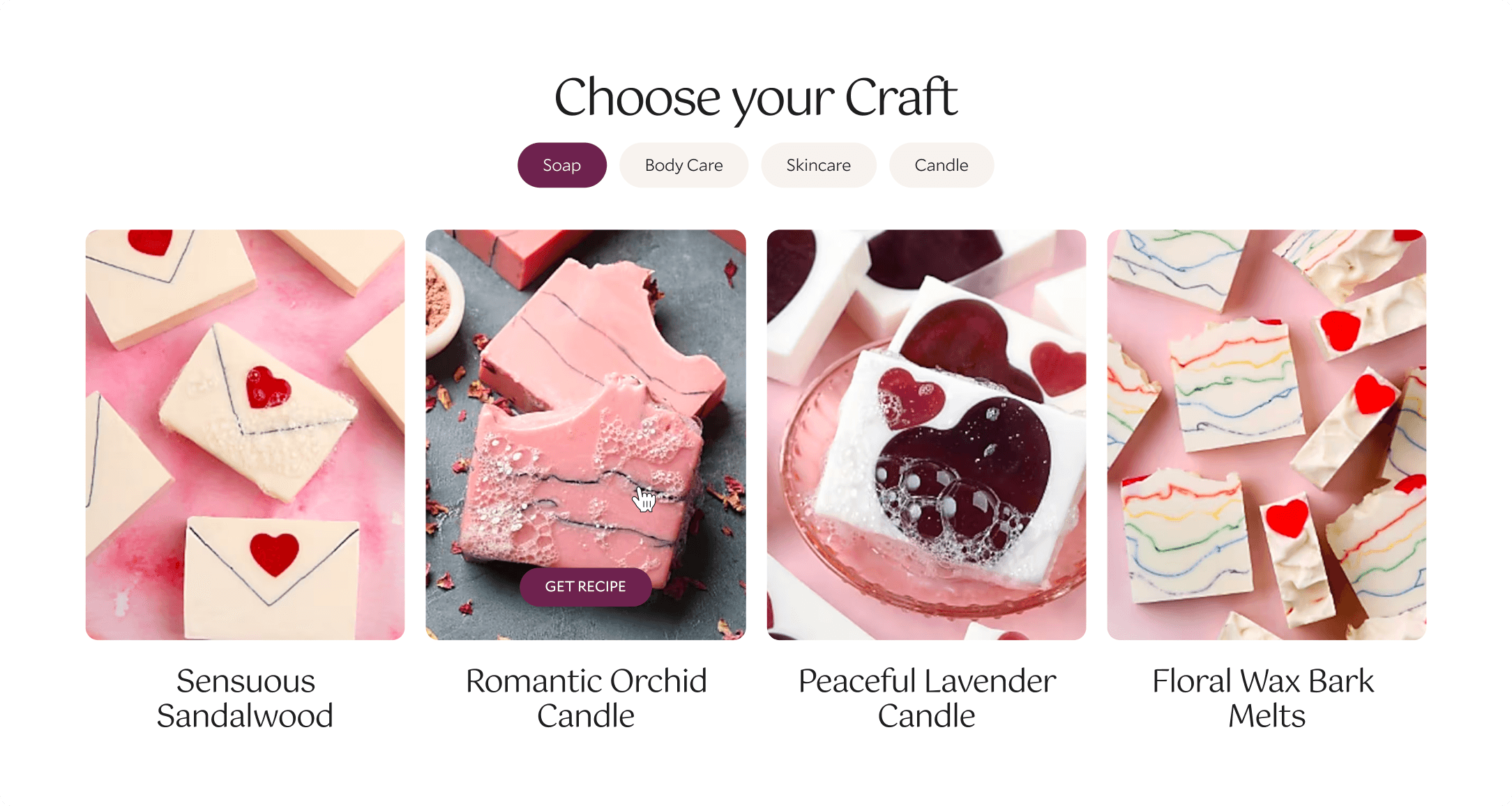 Bramble Berry Choose your Craft section showing Soap, Body Care, Skincare, and Candle project cards