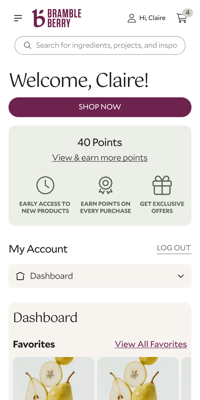 Bramble Berry mobile logged-in account dashboard greeting Claire, showing loyalty points balance and early access benefits