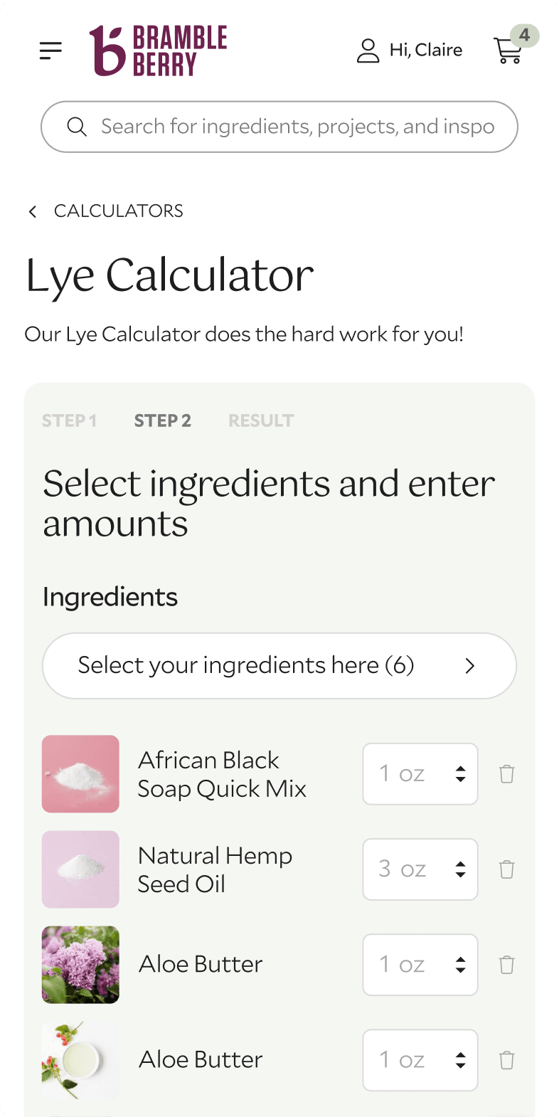 Bramble Berry mobile Lye Calculator step two with ingredient fields for African Black Soap, Hemp Seed Oil, and Aloe Butter